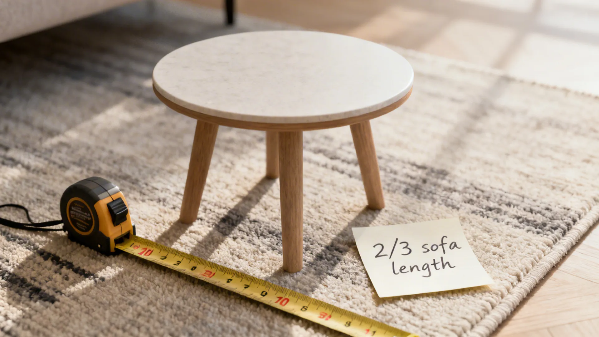 Measuring tape and notes illustrating coffee table proportion guidelines