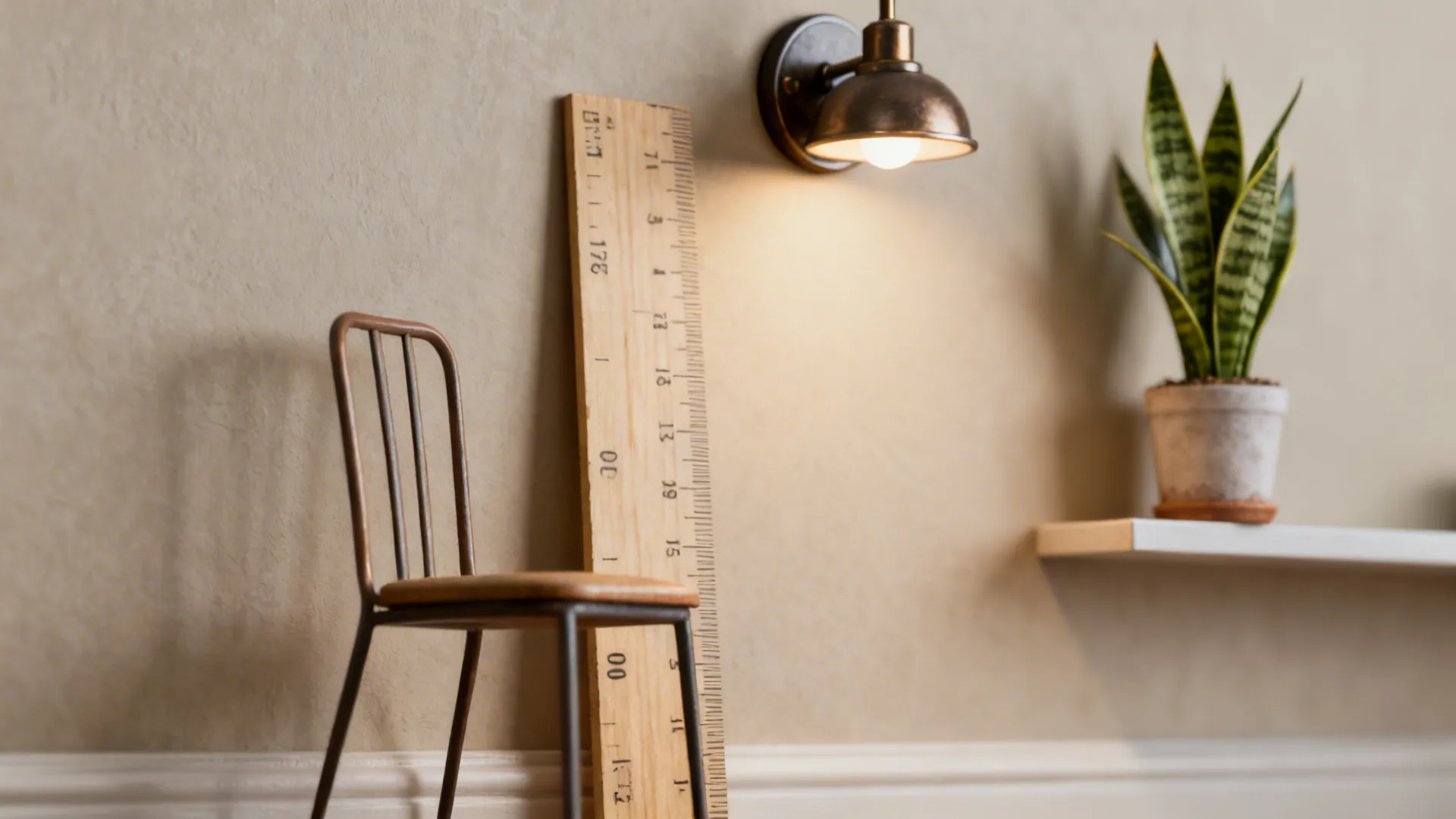 Close-up showing measuring tape, slim chair leg, wall sconce and a small plant for corner scale tips