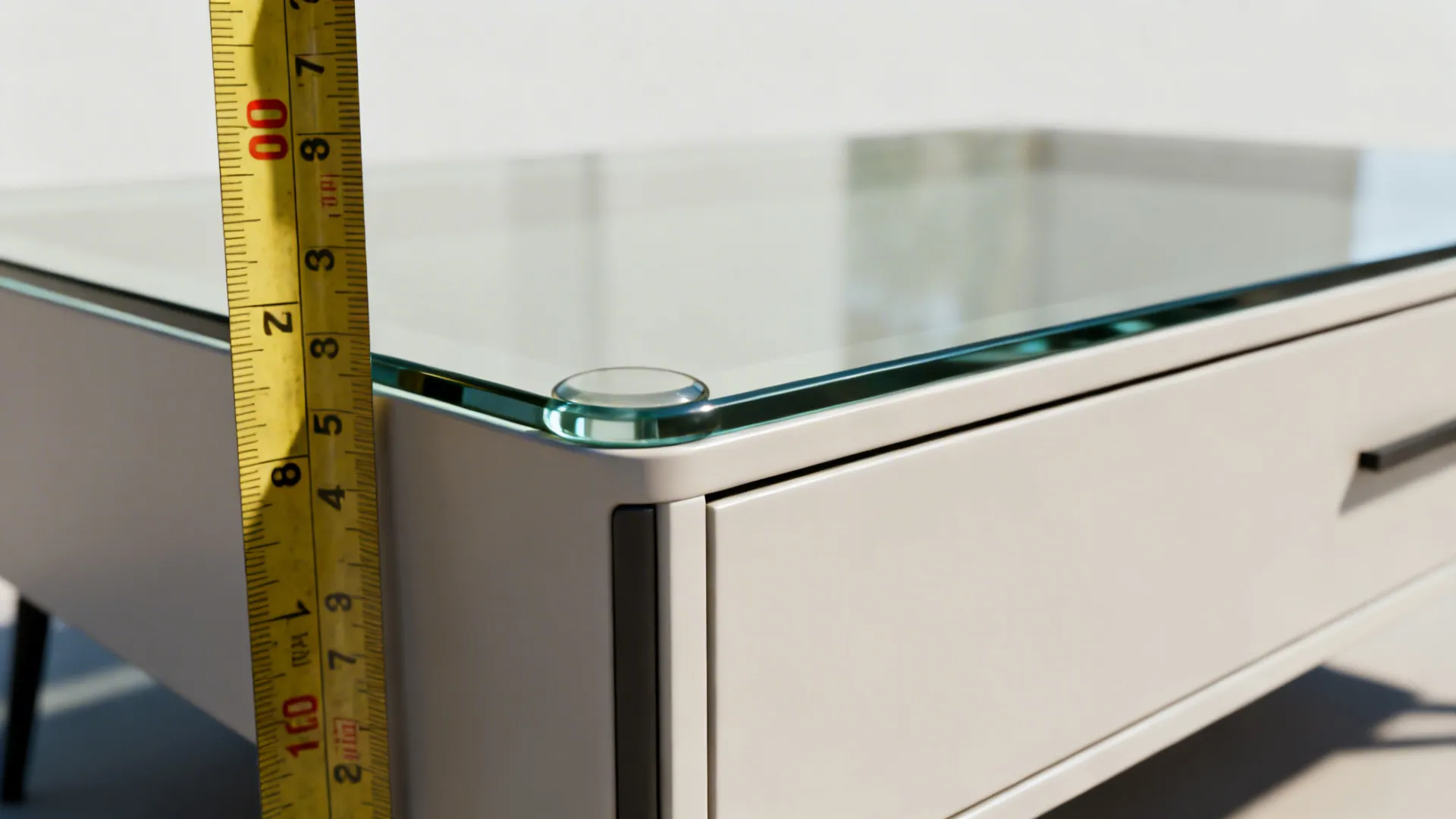 Macro detail of tape measure, rounded glass corner and slim drawer edge illustrating safety and sizing tips