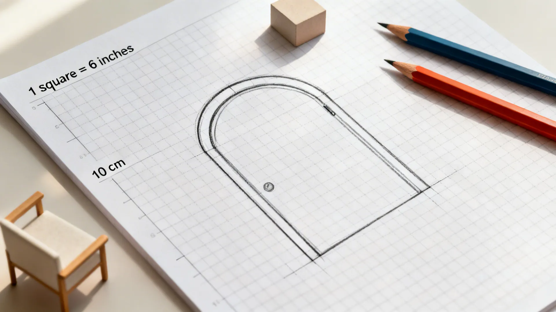 Graph paper labeled with imperial and metric scales and door swing arcs for clarity.