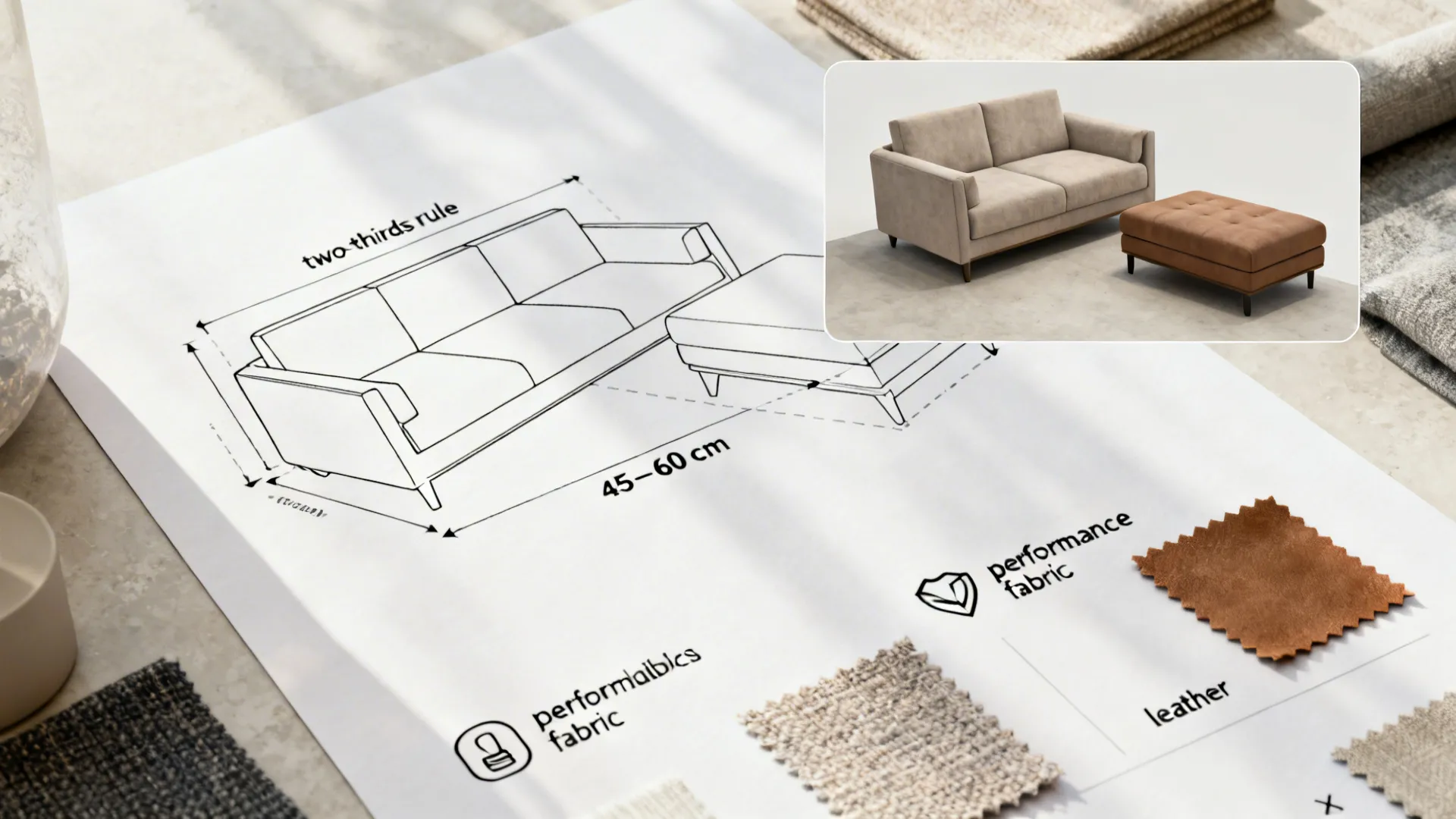 Scale diagram illustrating ottoman sizing rules and clearance recommendations beside material swatches.
