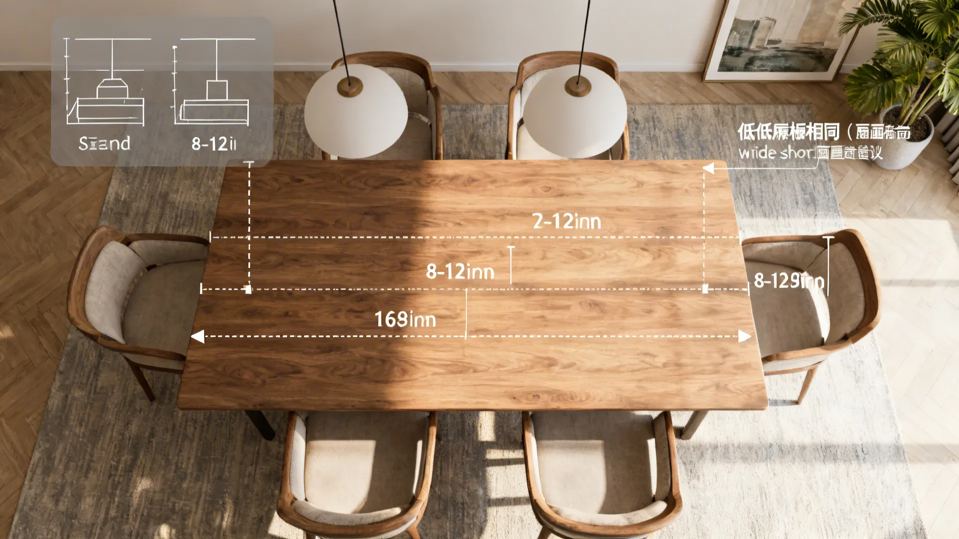 Top-down guide showing recommended art width and hanging height above a dining table