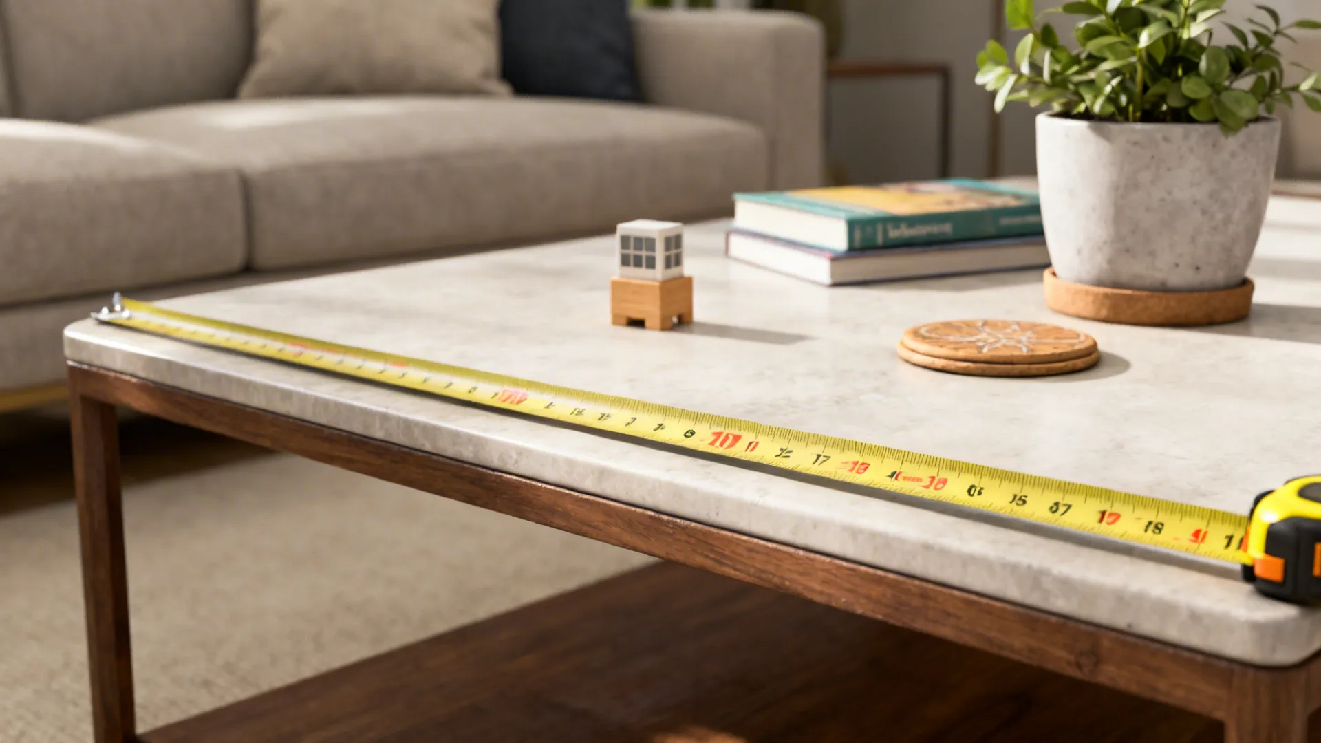 Close-up of scale cues and mockup objects on a coffee table to illustrate measurements