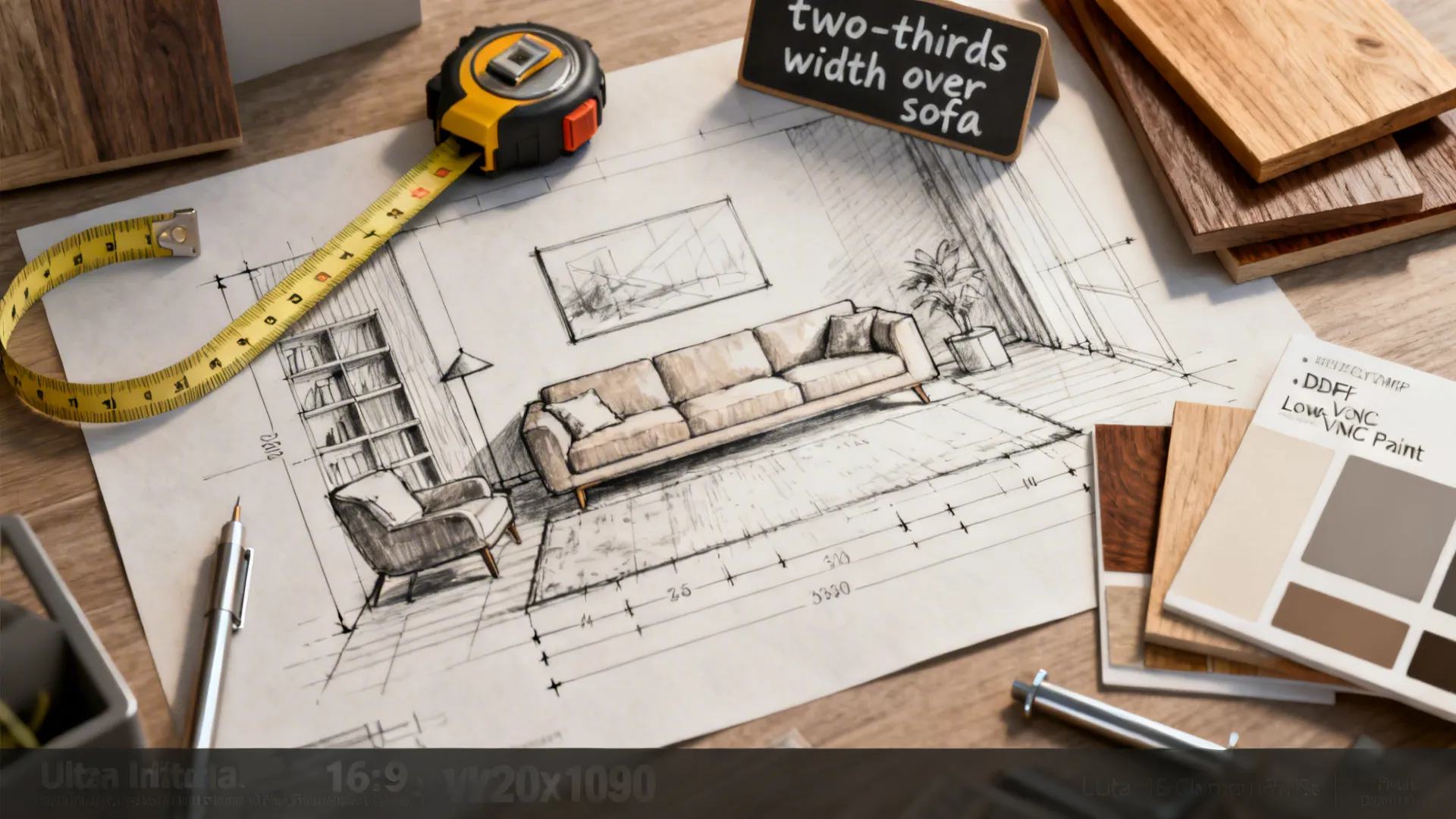 Interior design drawing on desk with yellow measuring tape wood floor samples and color palette