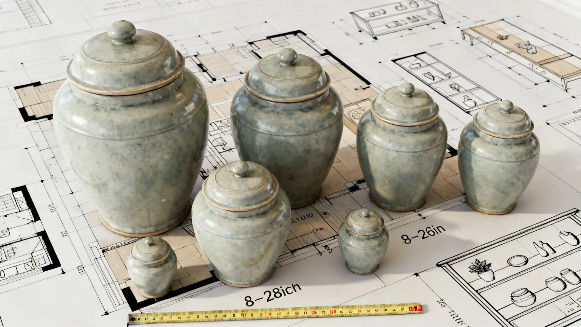 Top-down floor plan mockup showing ginger jar sizes with measuring tape and scale for styling guidance.