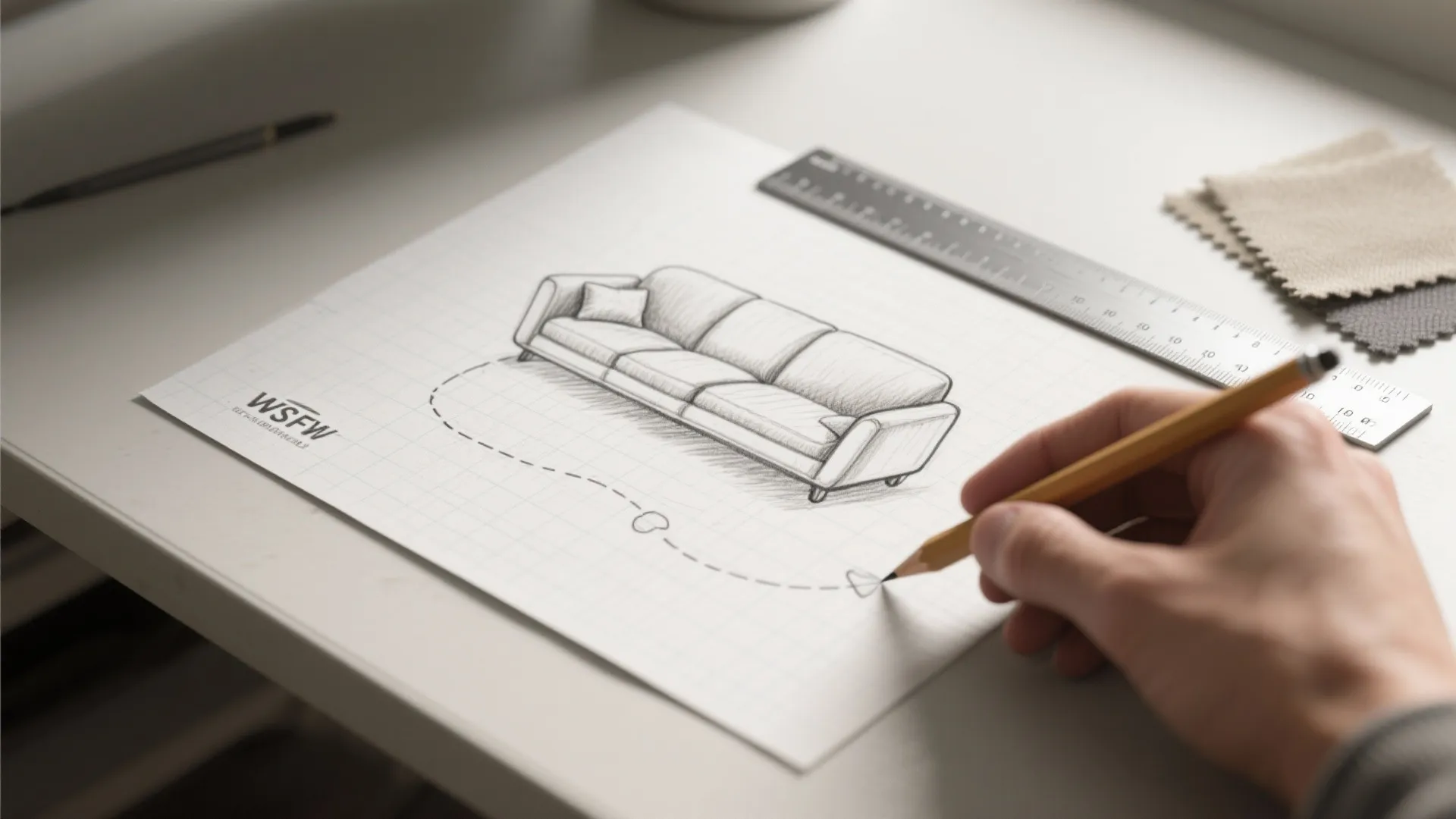 Close-up of a hand sketching a sofa footprint and circulation path on grid paper with a ruler and fabric swatch nearby.