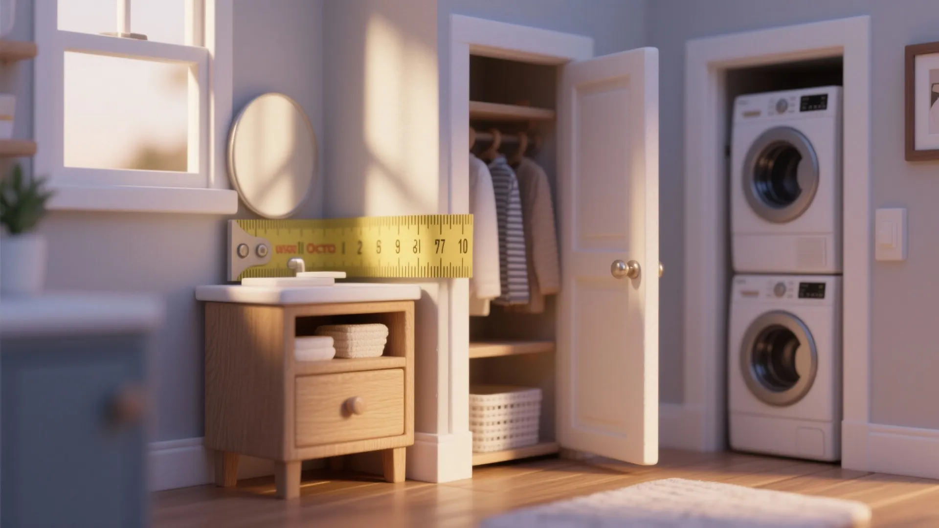 Measuring tape over a bathroom vanity next to a closet and stacked white washing machines
