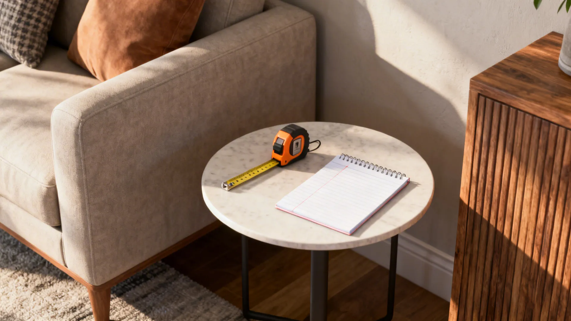 Living corner with a small round side table and measuring tape illustrating recommended sizes and placement