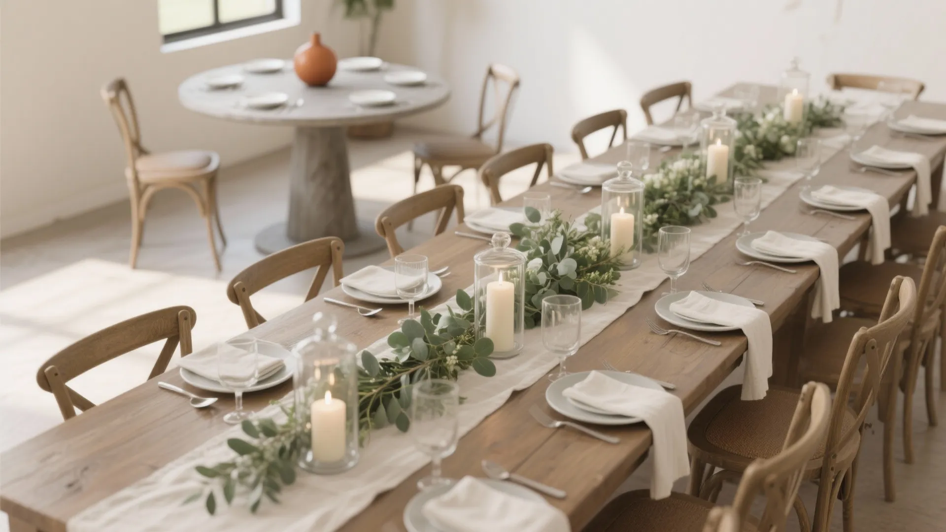 Long wooden dining table with white runner green leaves white candles and matching wood chairs