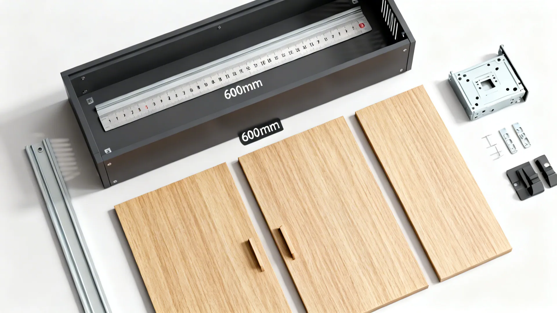 Top-down of a 600 mm cabinet module with components showing grain alignment and scale.