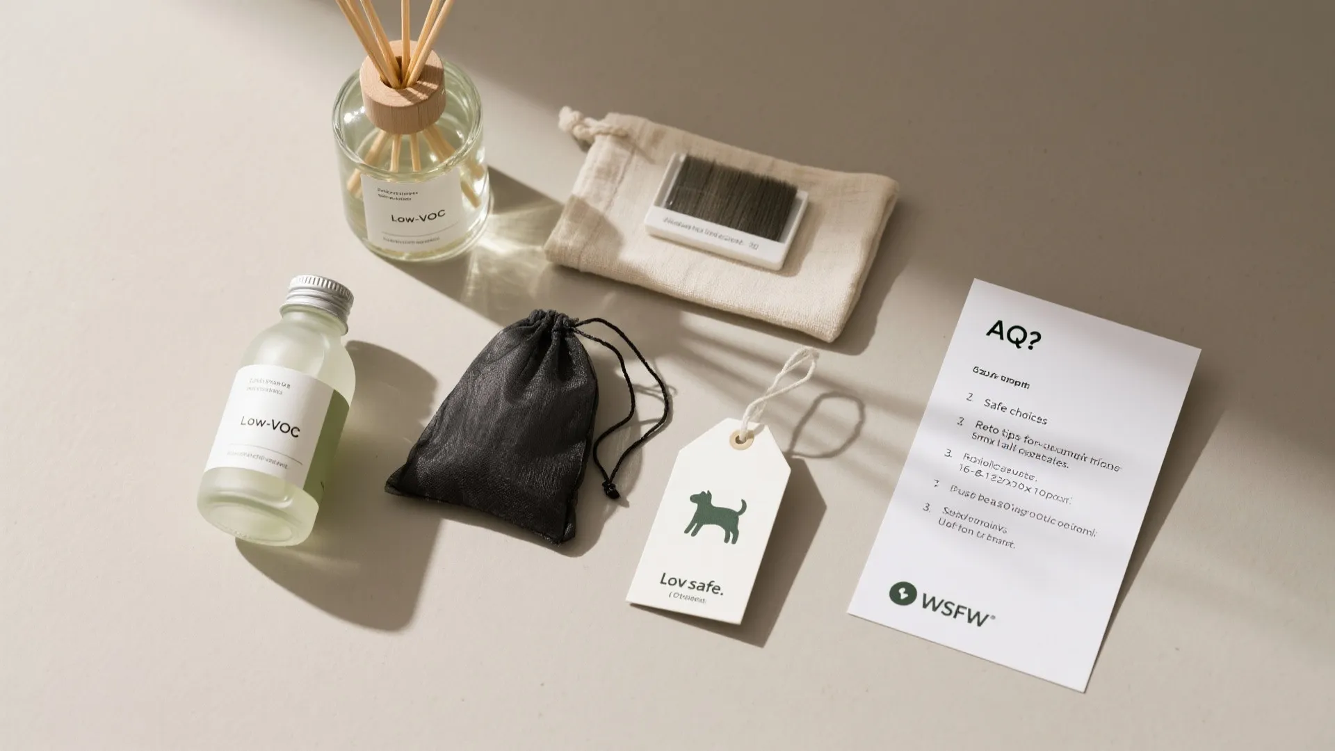Tabletop set with home fragrance bottles small black bag white tags and a product information paper