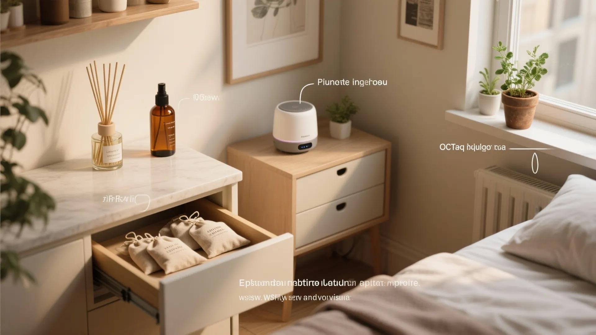 Compact apartment montage showing sachets, reed diffuser, spray, smart diffuser, and herbs as a visual FAQ guide.