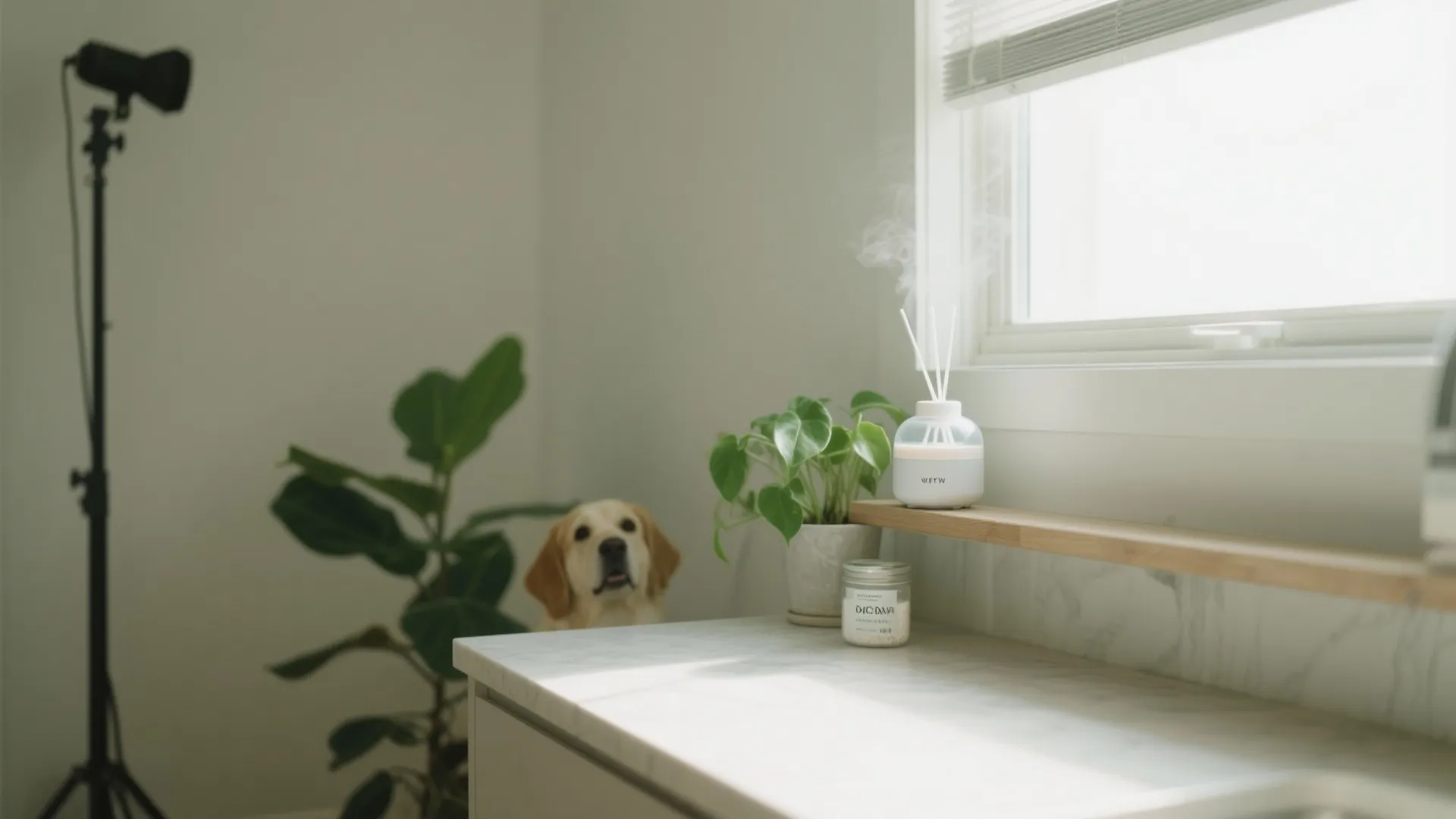 A white scent diffuser with smoke on a kitchen counter near a cute yellow dog