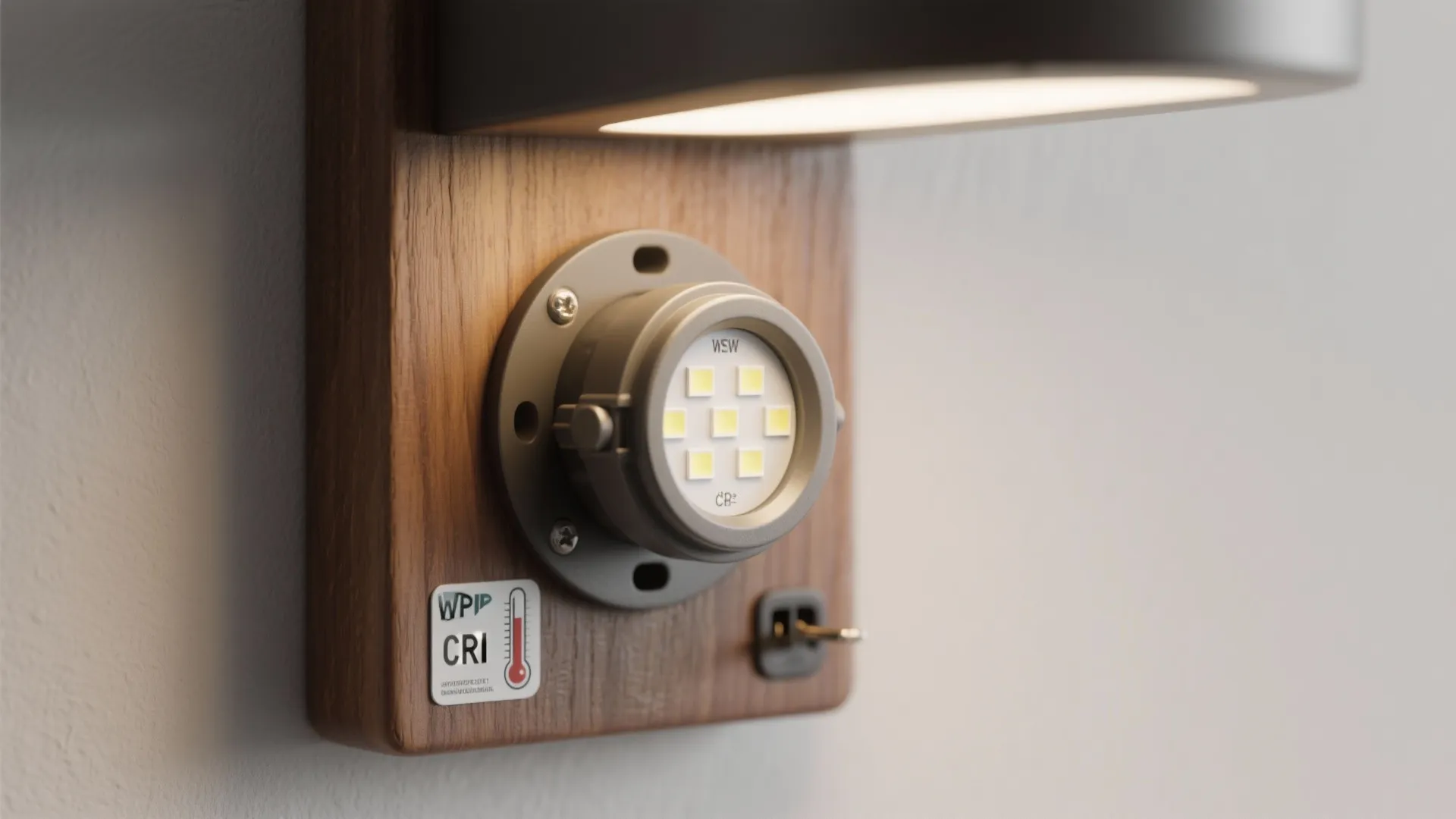 Close-up of sealed wooden sconce edge, LED module with CRI label, and an IP-rated fitting indicating safe use in damp areas.