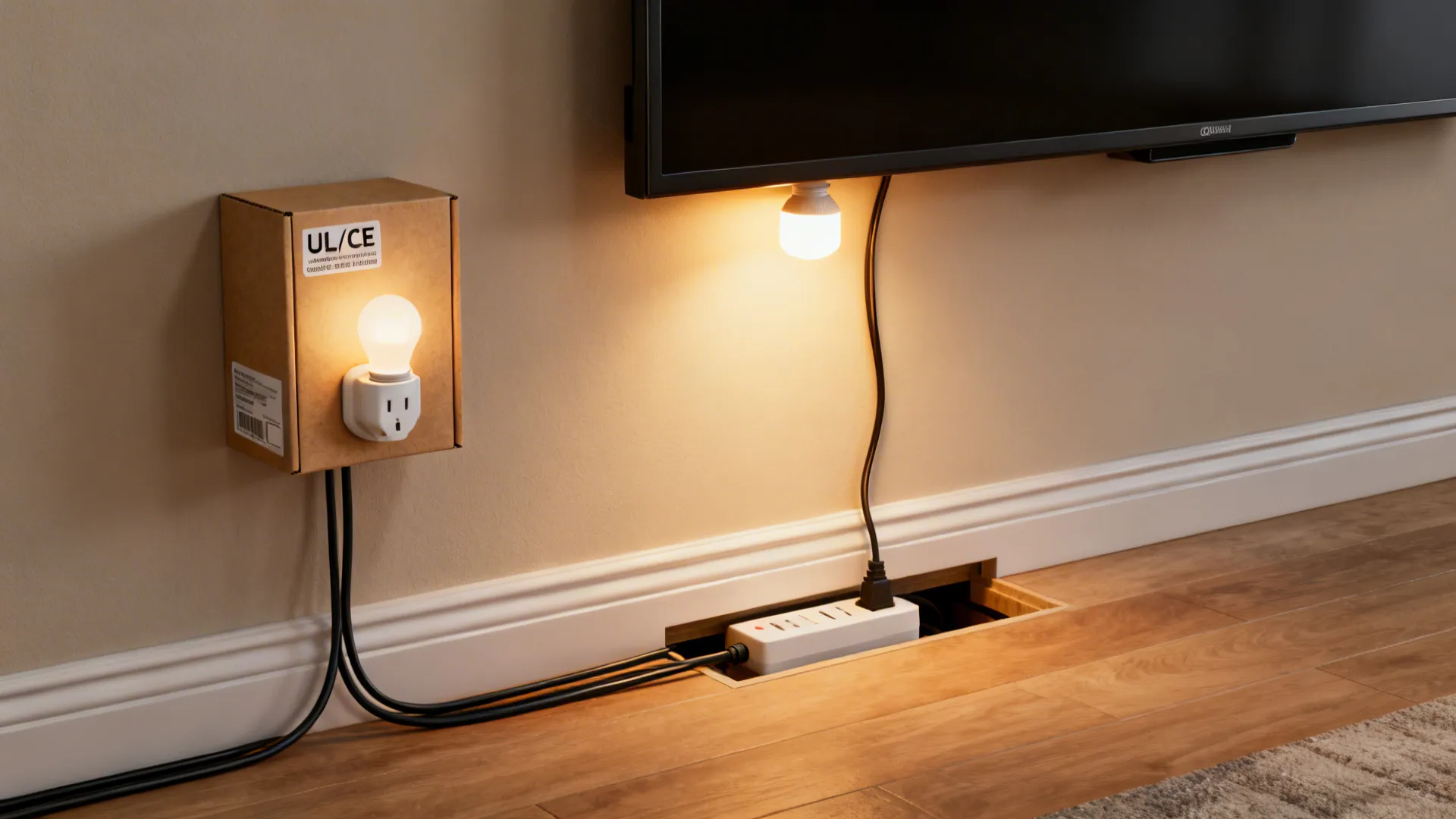 Wall mounted cardboard box with light bulb and power strip hidden in wood floor opening