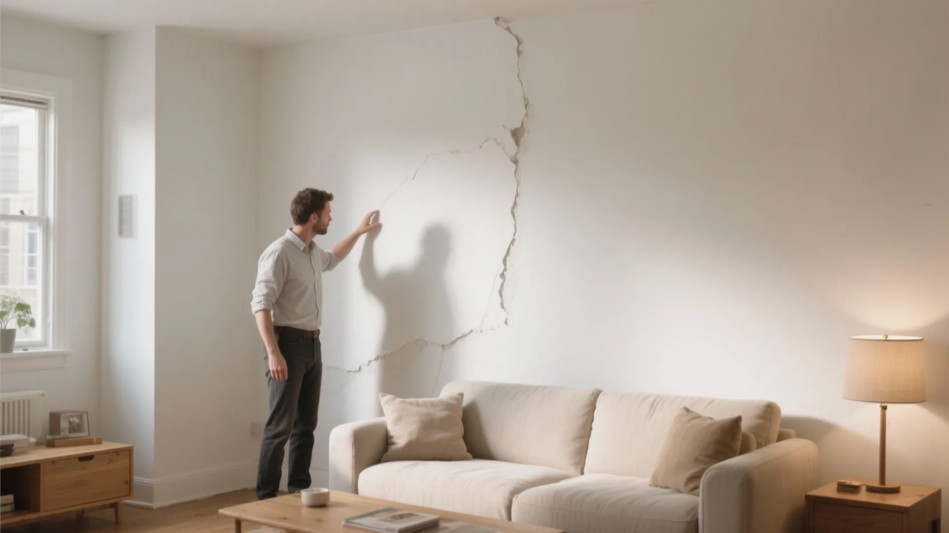 Compact living room showing a flawlessly repaired white wall with a homeowner inspecting the finish.