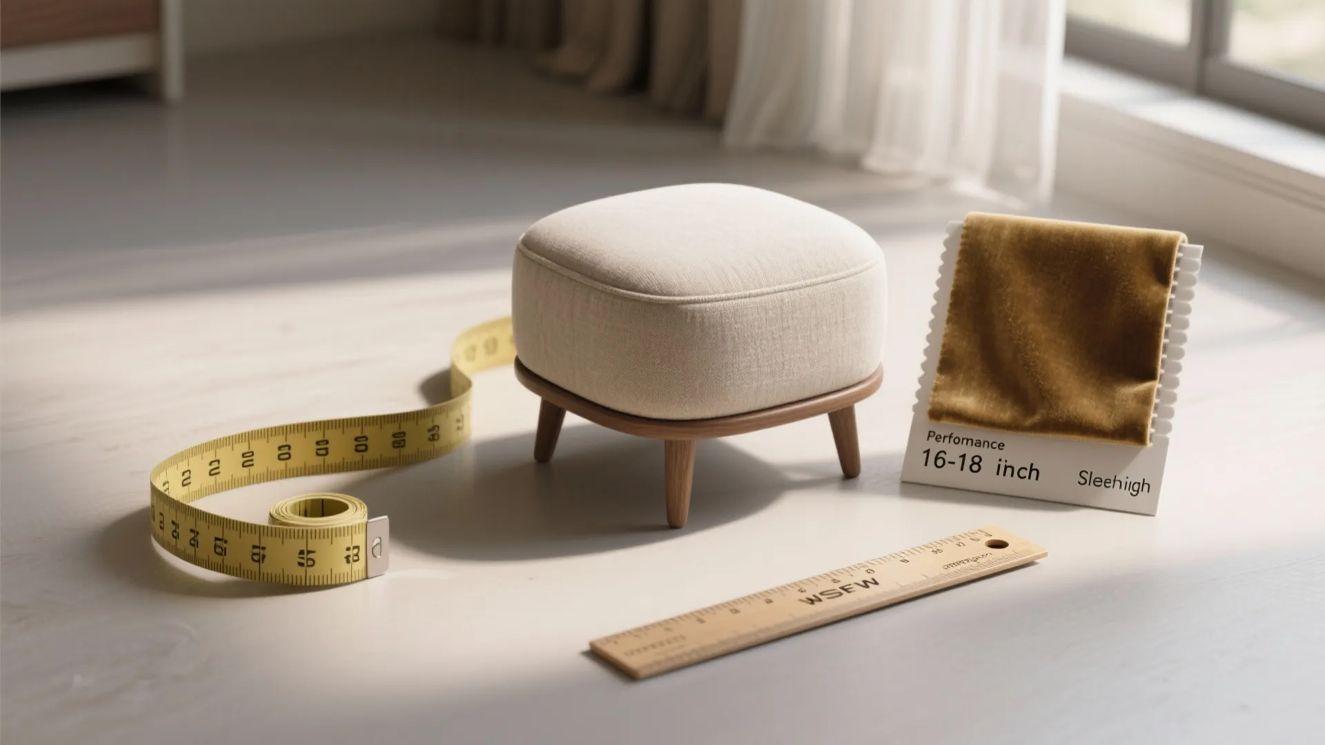 Measuring tape and fabric swatches showing recommended seat height of 16–18 inches