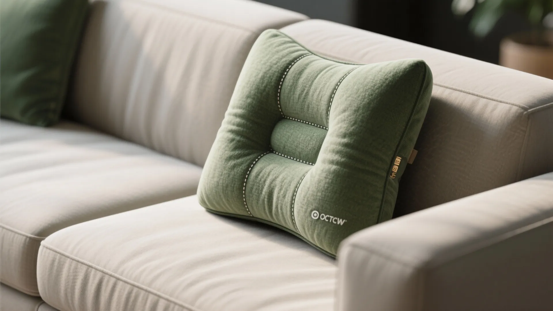 Close-up of a green textured throw pillow with white stitching detail on a beige fabric sofa