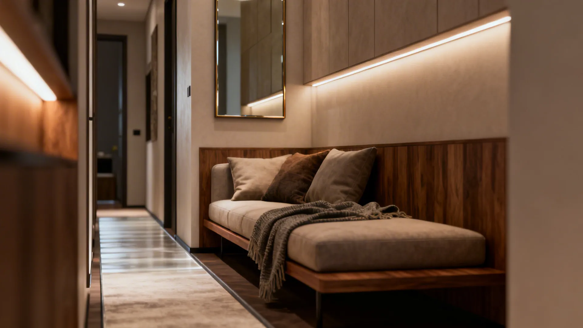 Compact low-profile sectional and layered lighting illustrating practical solutions for narrow living rooms