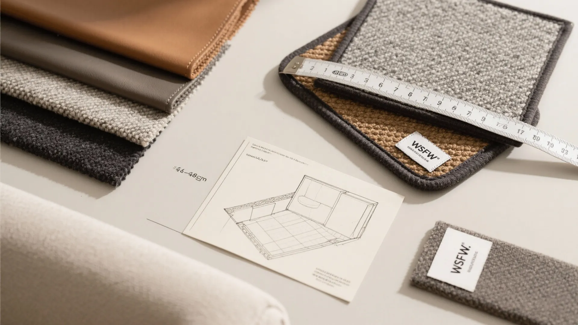 Flat lay with durable fabric swatches, measuring tape, floor plan sketch, rug pad, and UV-resistant tag.