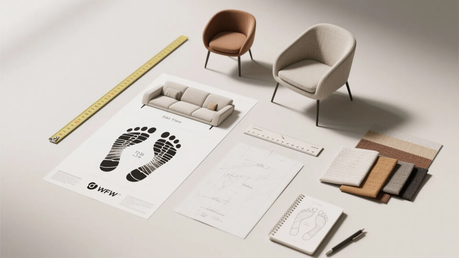 Two small chairs with interior design sketches fabric samples and a ruler on white background