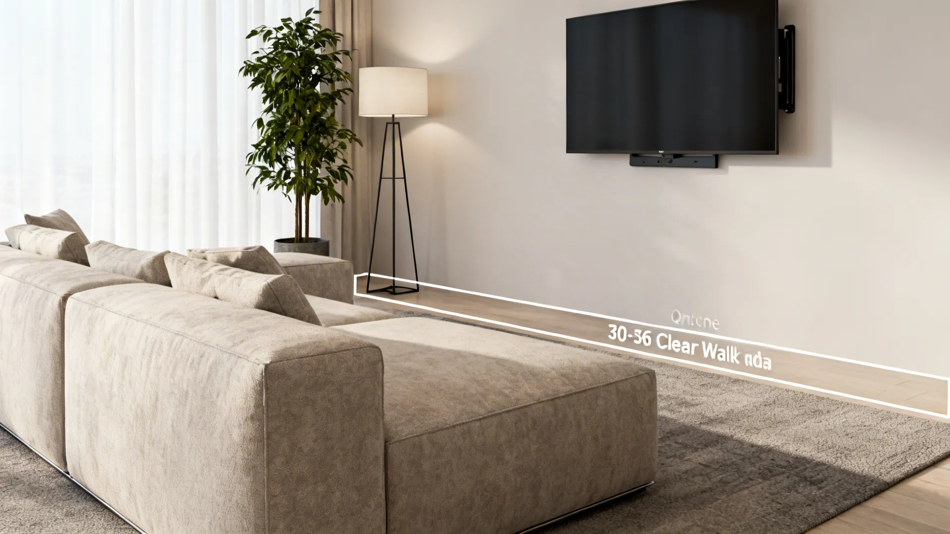 Living room layout showing clear walkway space between a large beige sofa and wall television