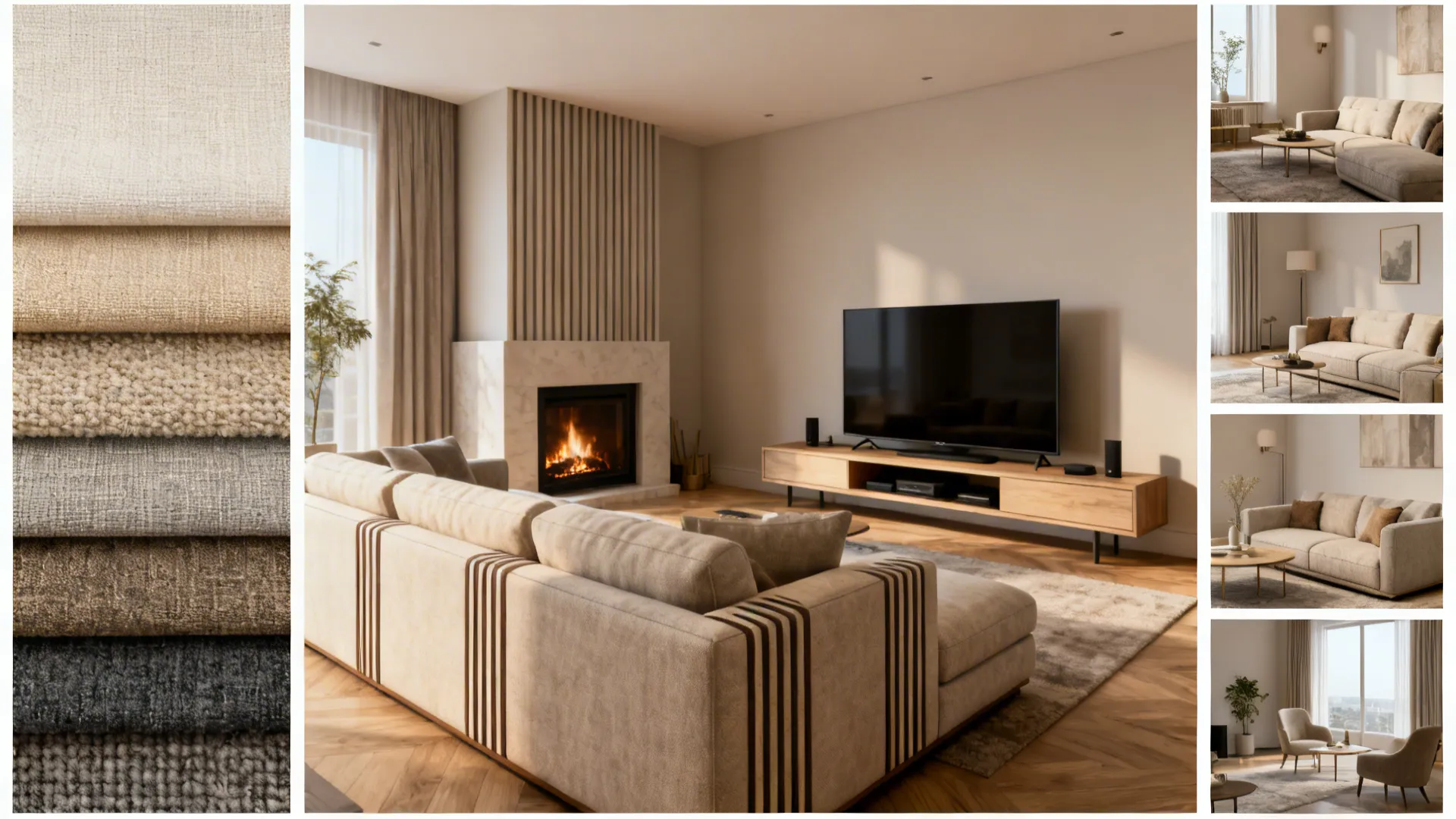 Collage of living room solutions: balanced sectional with fireplace, low media console, and upholstery samples.