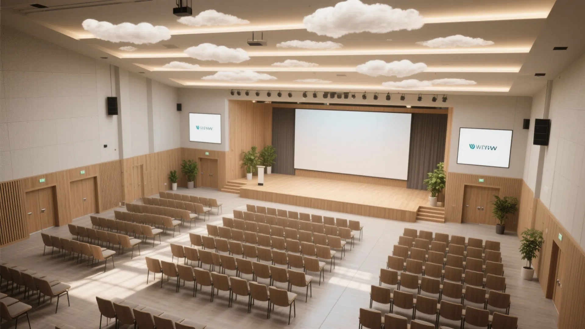 Large seminar room with rows of chairs facing a wooden stage and white projection screen