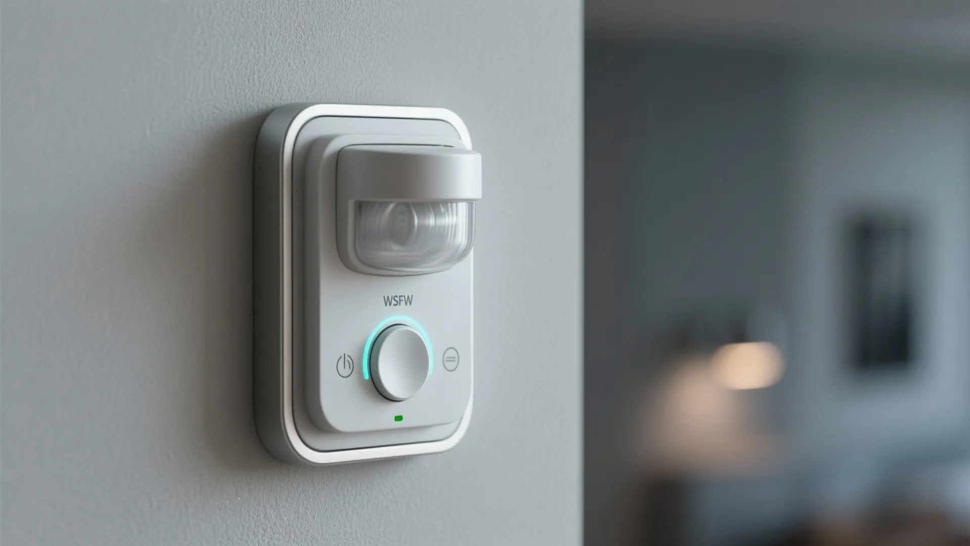 Macro of a motion sensor and smart dimmer on a matte wall with a soft status glow.