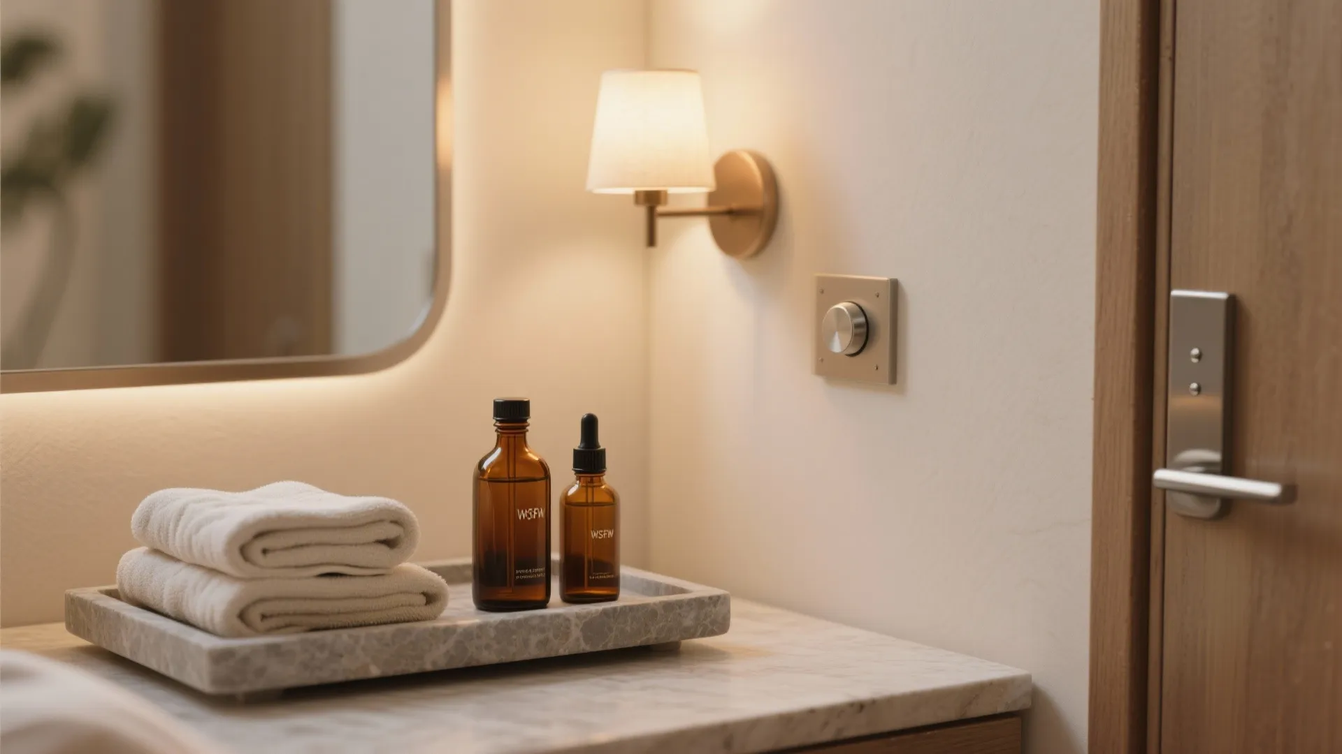 Modern bathroom marble counter with white towels brown glass bottles wall light and wood door