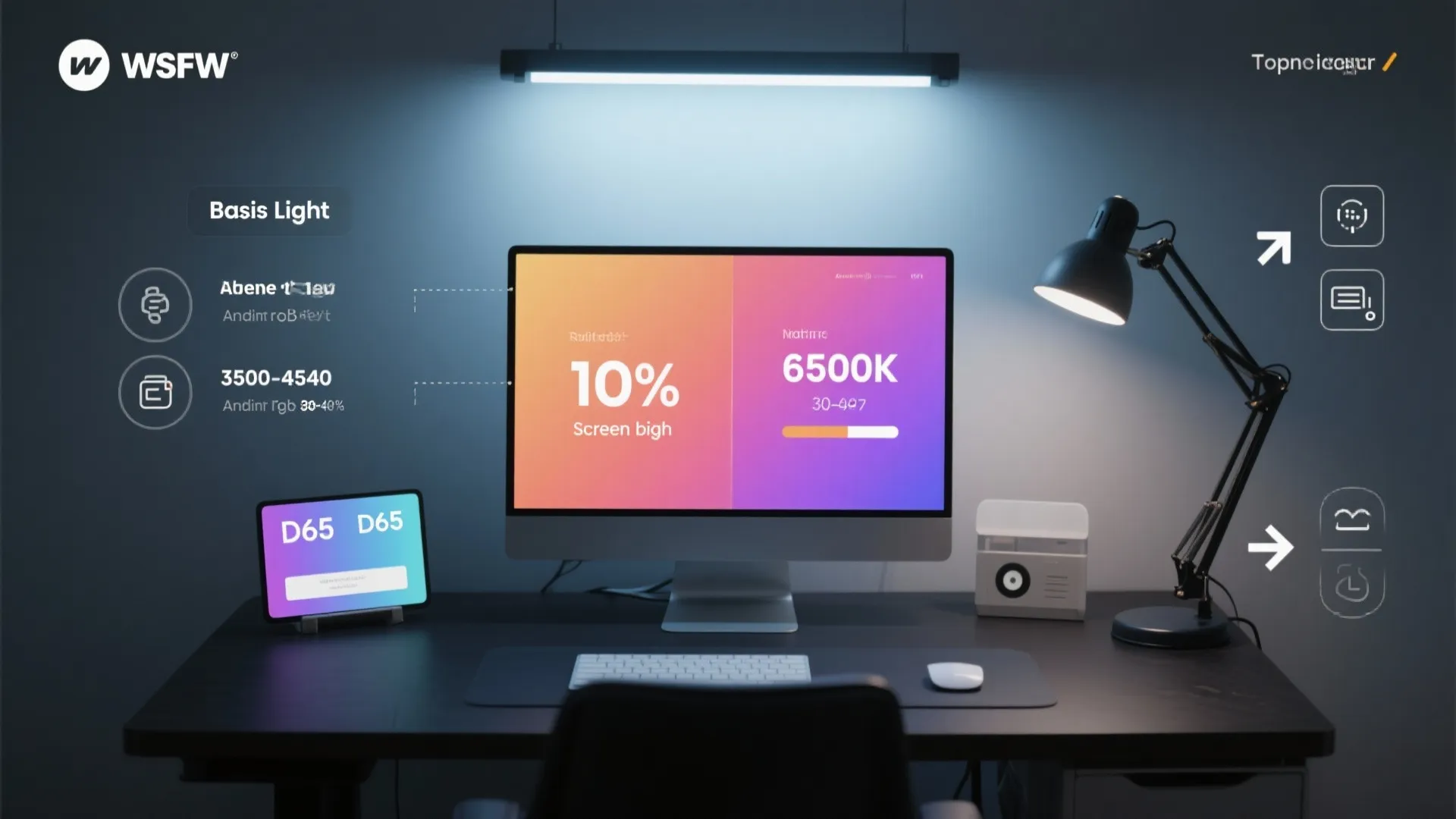 Desk setup with computer monitor showing light settings next to a black desk lamp and