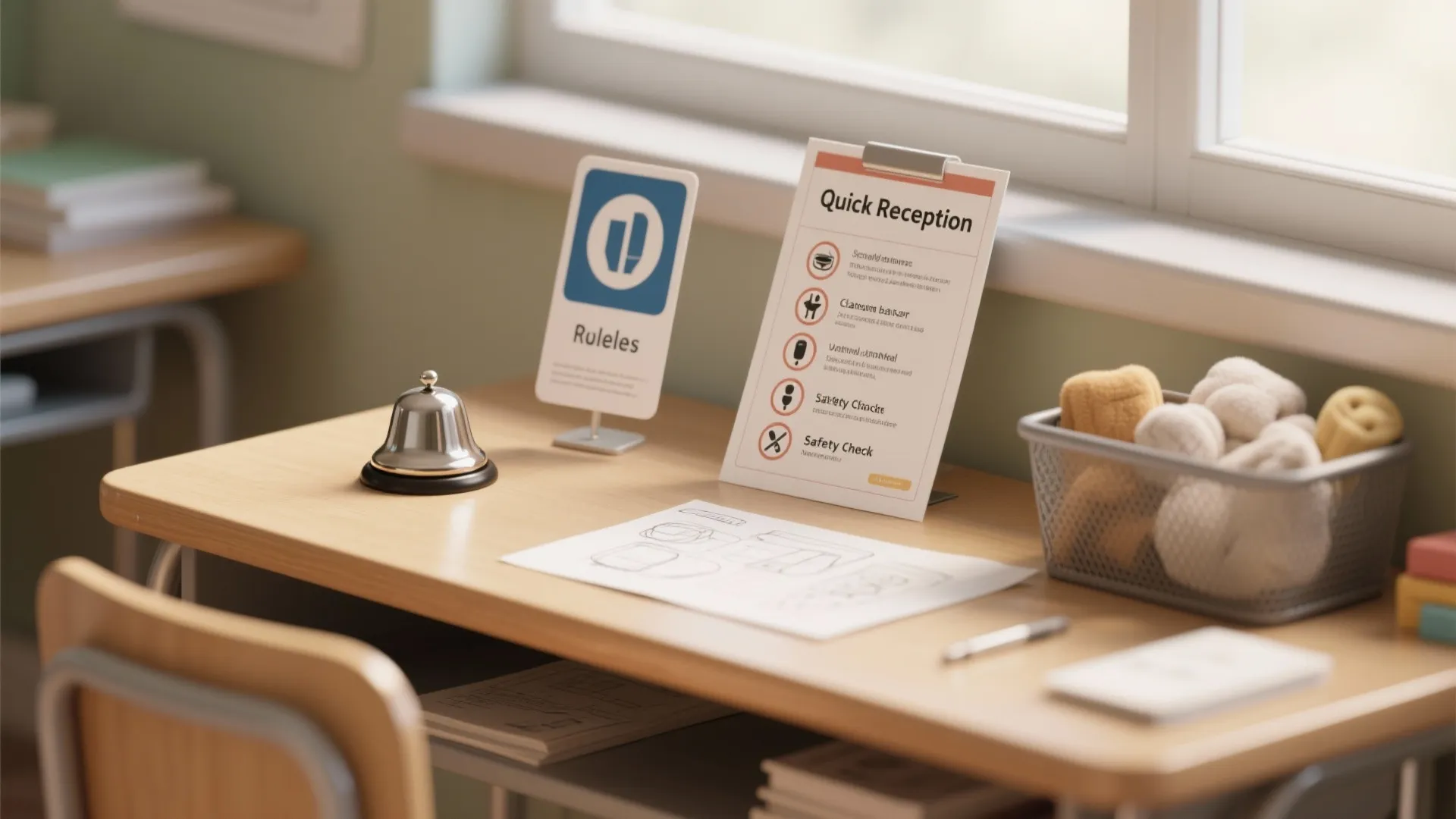 Classroom quick-reference setup showing a safety checklist card, bell, layout sketch and a bin of soft PE props.