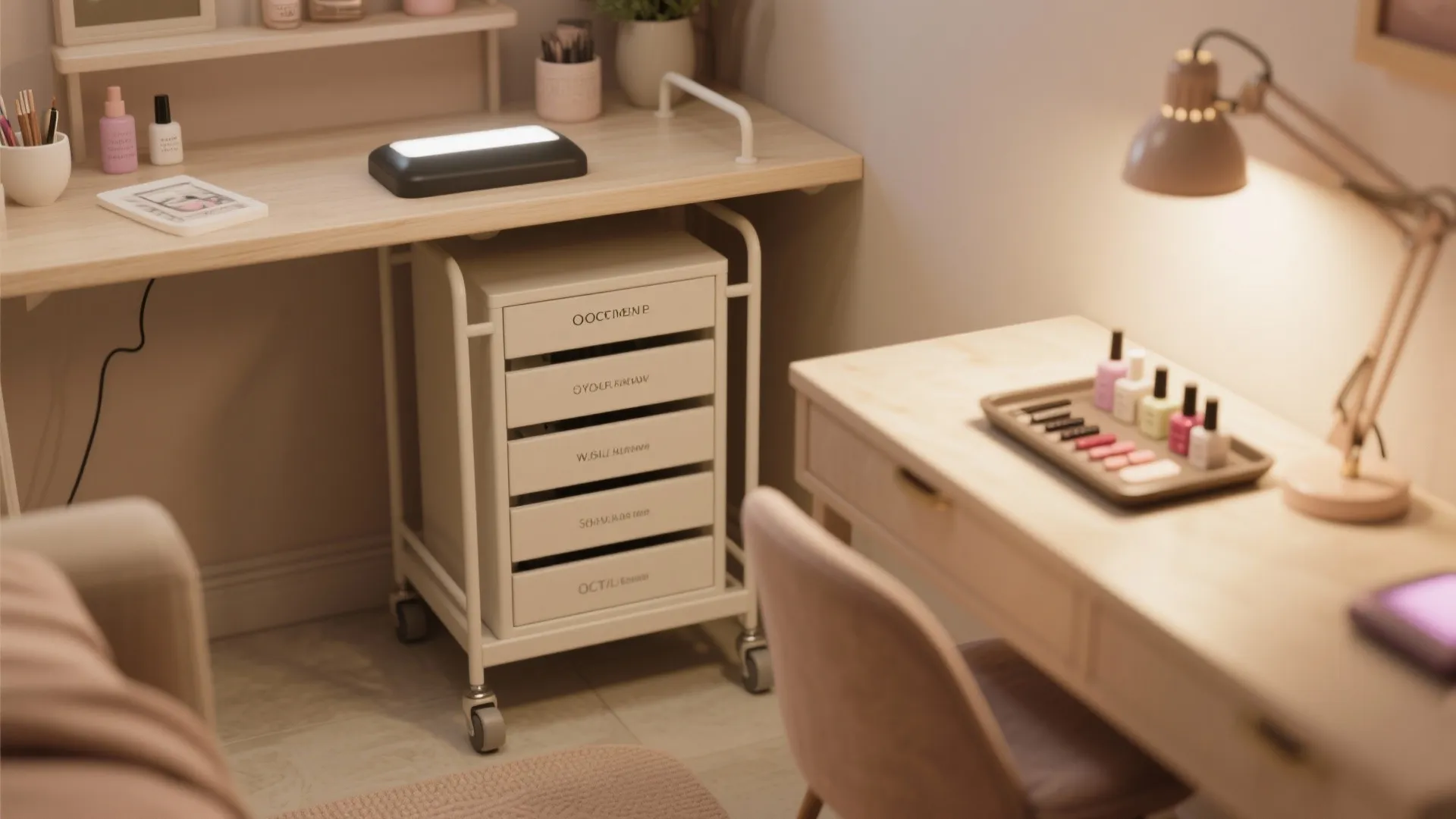 Wooden desk with white rolling storage cabinet and pink chair lit by warm table lamp