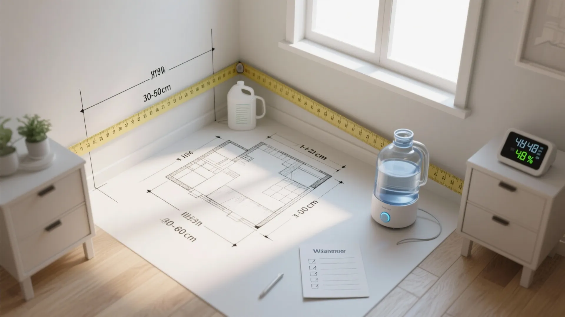 Top-down guide with room plan, humidifier, hygrometer, and distilled water for small room setup.