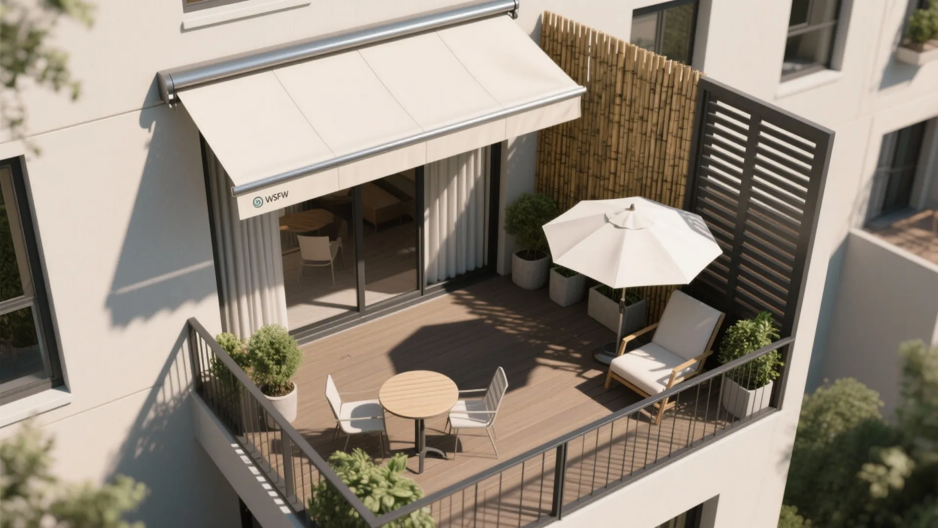 Aerial view balcony with white sun shade, wooden floor, patio umbrella, and outdoor lounge furniture