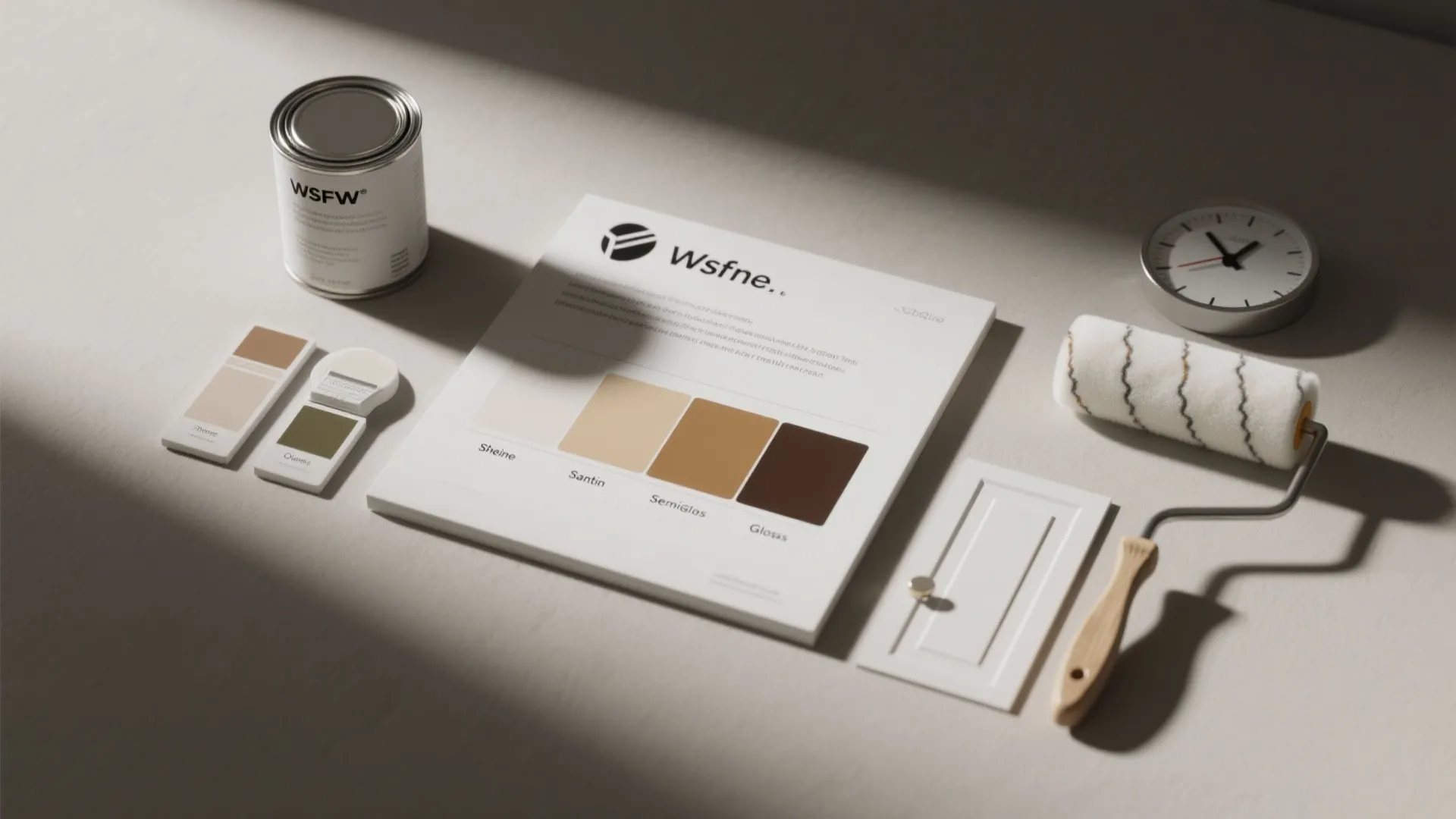 Paint supplies including a roller color swatches and a chart showing different paint gloss levels
