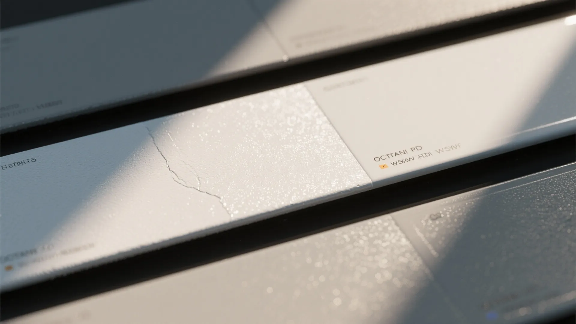Close-up of white material texture samples showing different levels of wall paint sheen and finishes