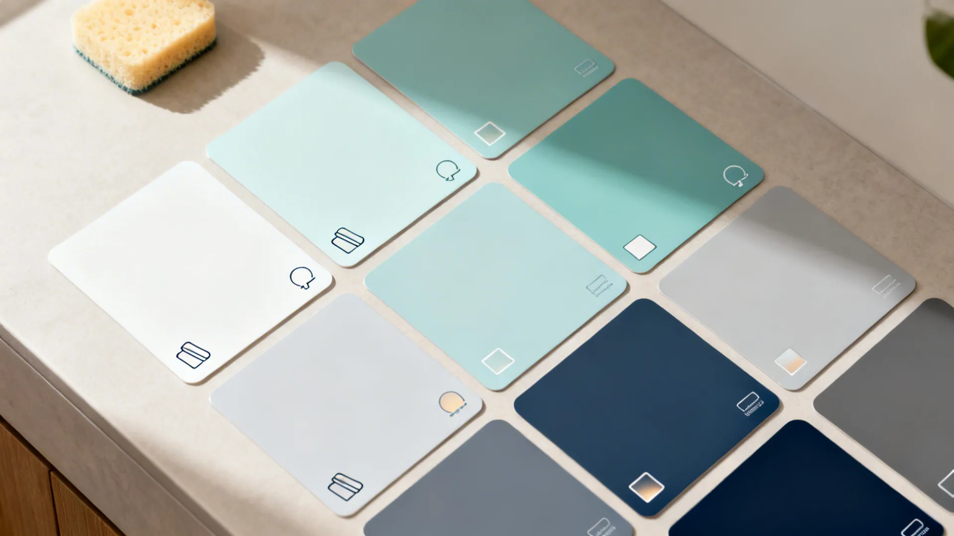 Grid of paint color samples in shades of blue and gray on a light countertop