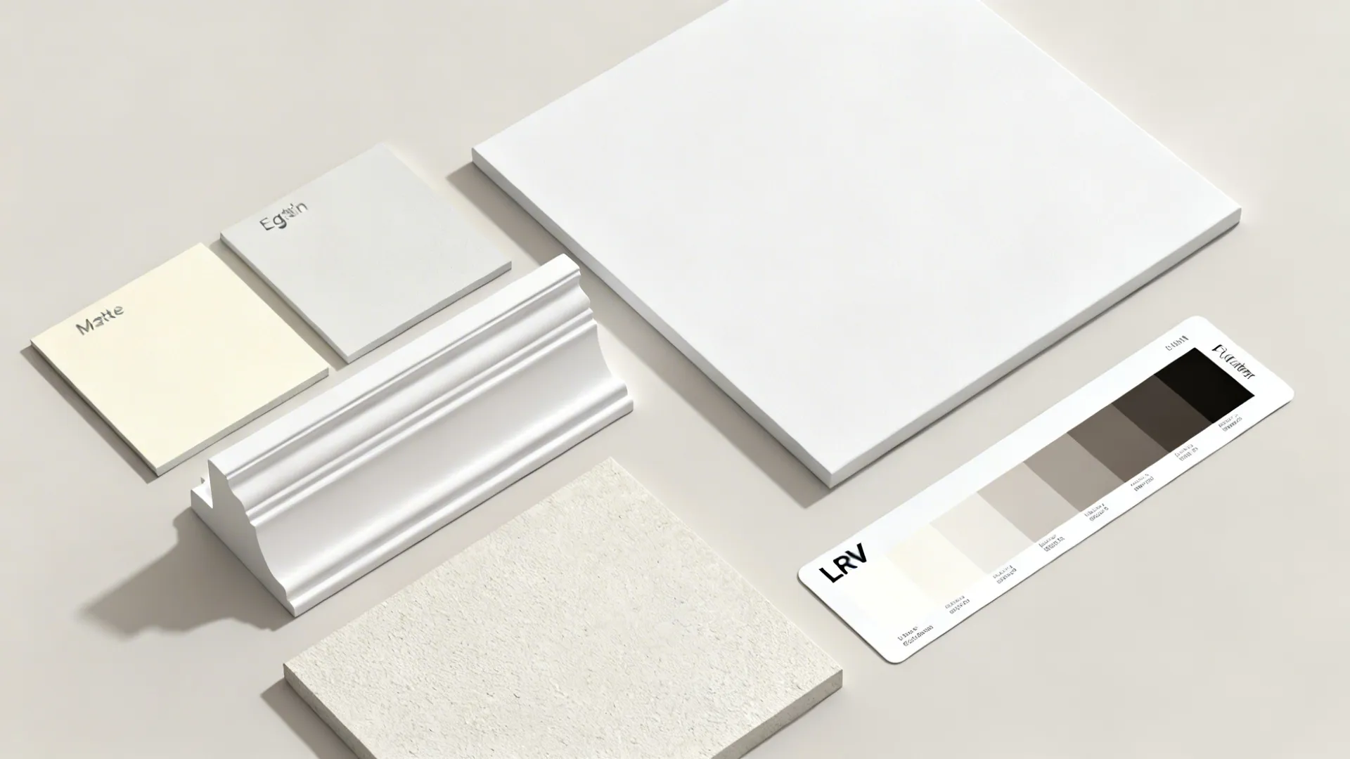 Top-down layout of paint sheen samples and LRV chips demonstrating lighting interaction.