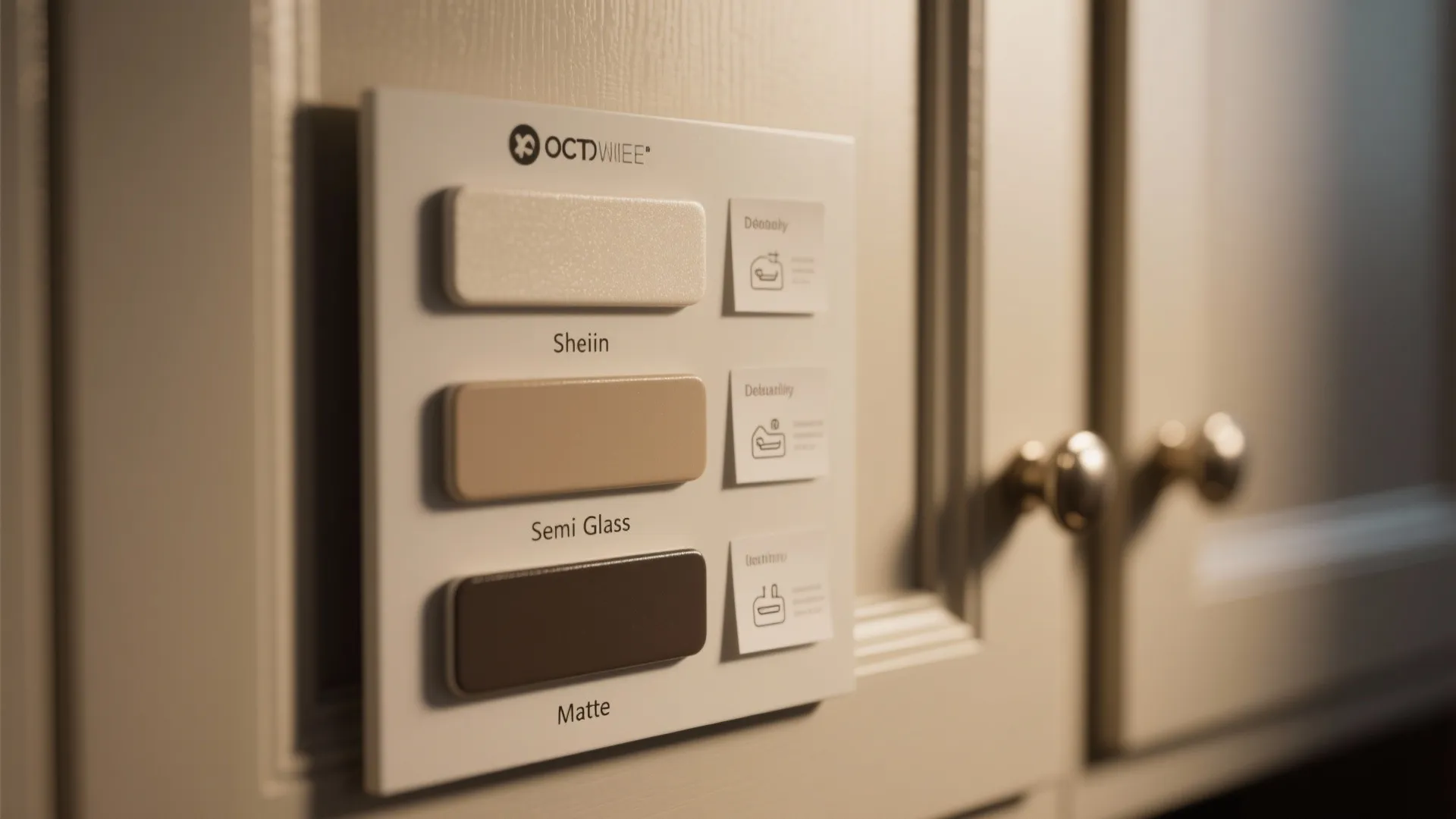Painted cabinet sample board showing satin, semi-gloss and matte swatches with durability notes.