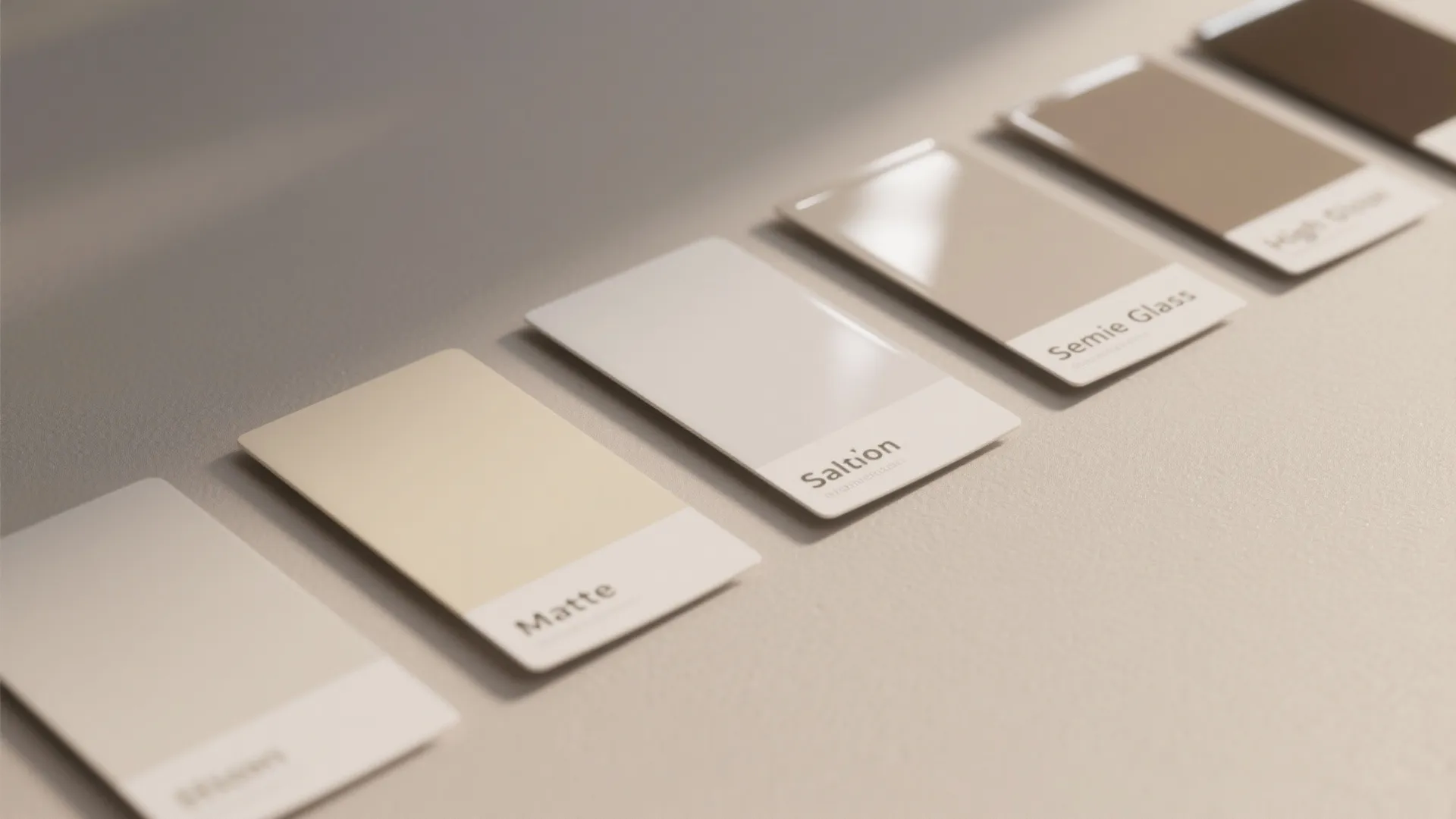Row of different color material finish swatches showing matte and glossy textures for interior design