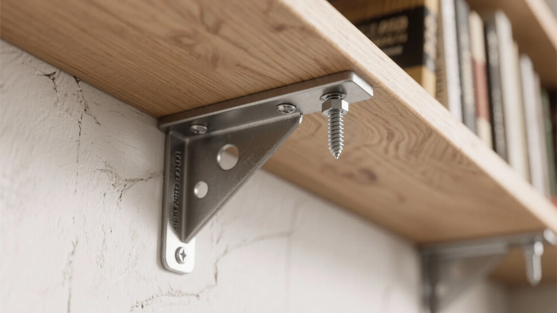 Close up view of metal wall shelf support bracket attached to wooden shelf with silver screw