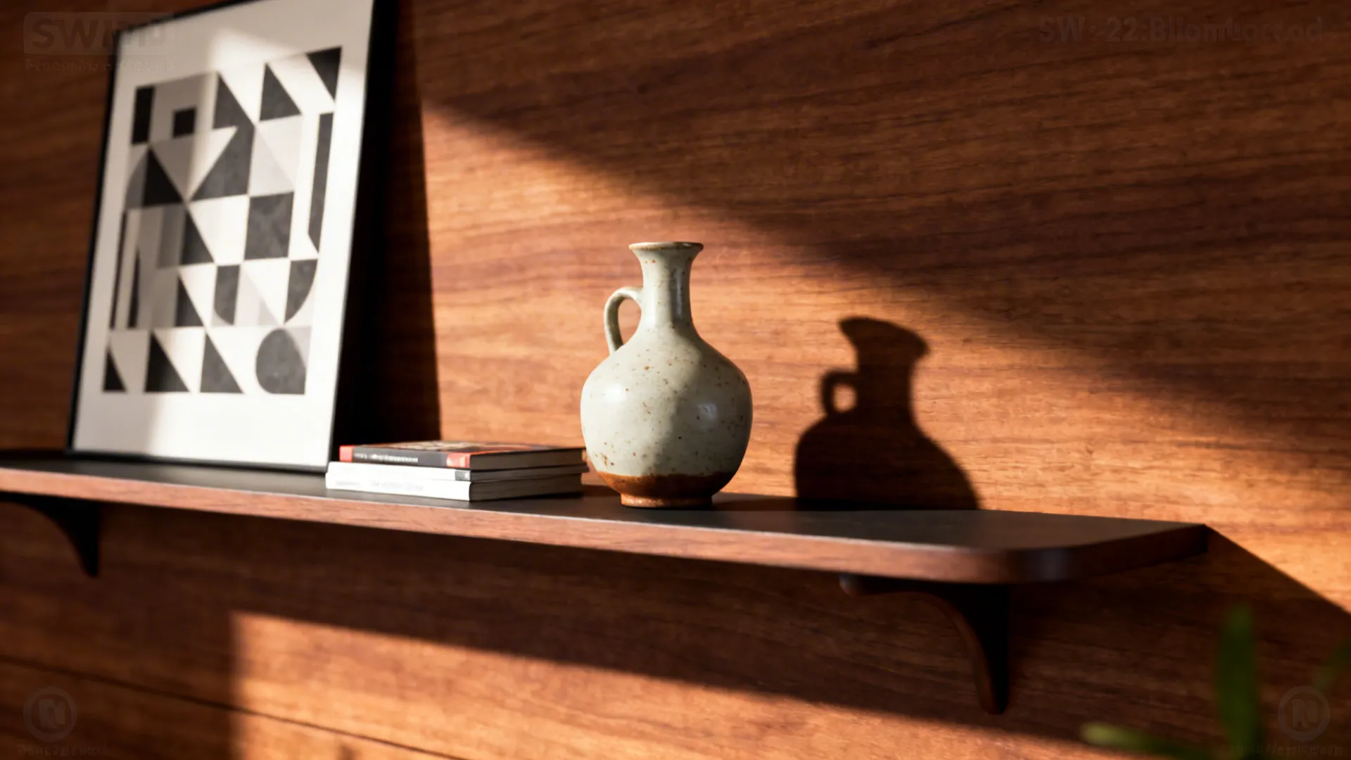 Curated mid-century shelf with ceramic vase and geometric print