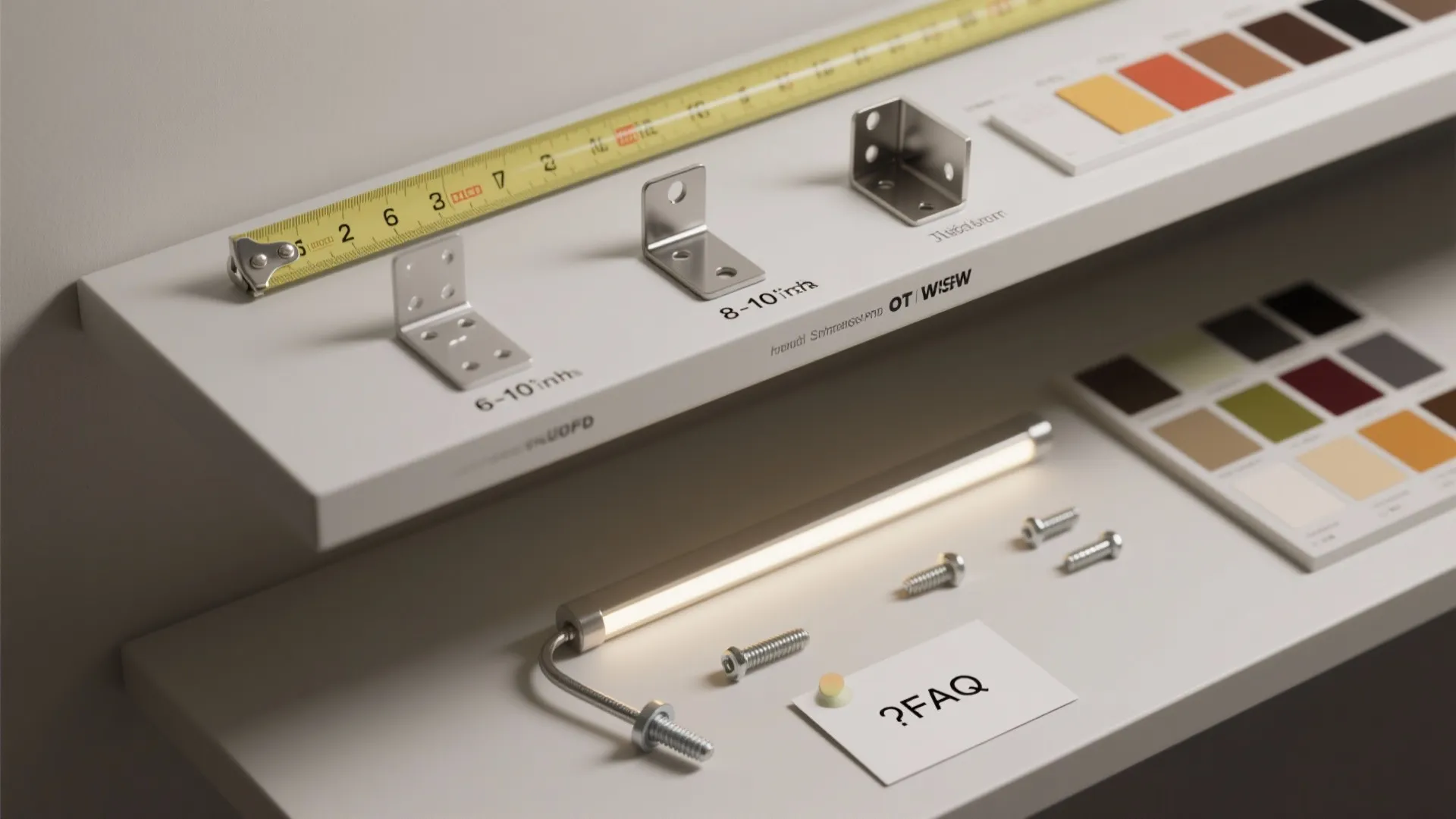 Measuring tape and metal brackets on a white shelf with screws and a small lamp