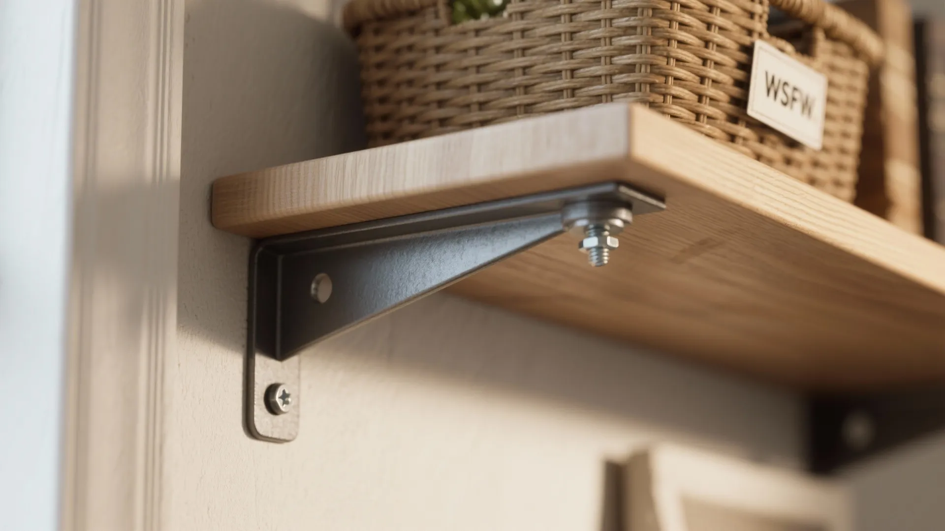 Close up of a metal bracket supporting a wooden shelf with a basket on top