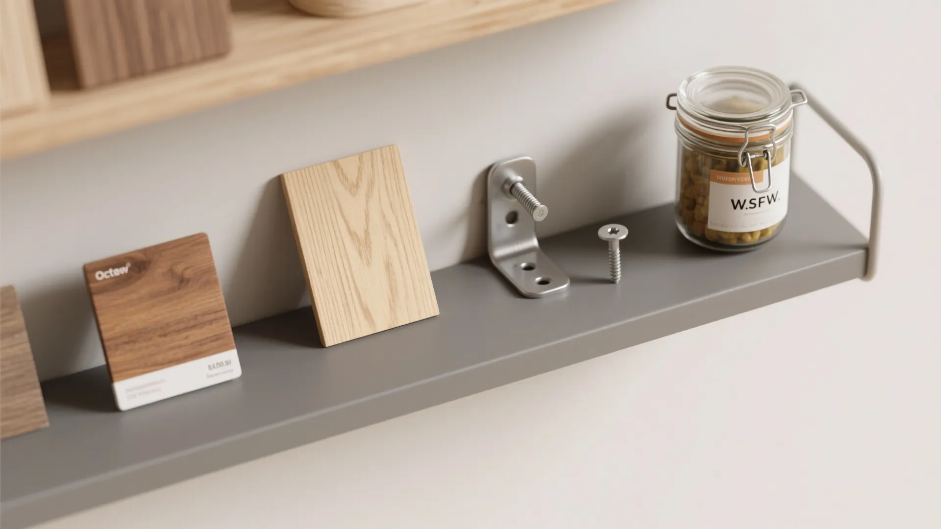 Grey metal wall shelf showing wood material samples metal bracket screws and a glass jar