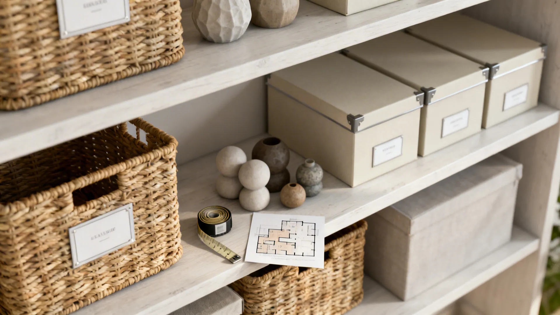 Close-up of styled shelf with baskets and grouped decor, plus a measuring tape and floorplan.