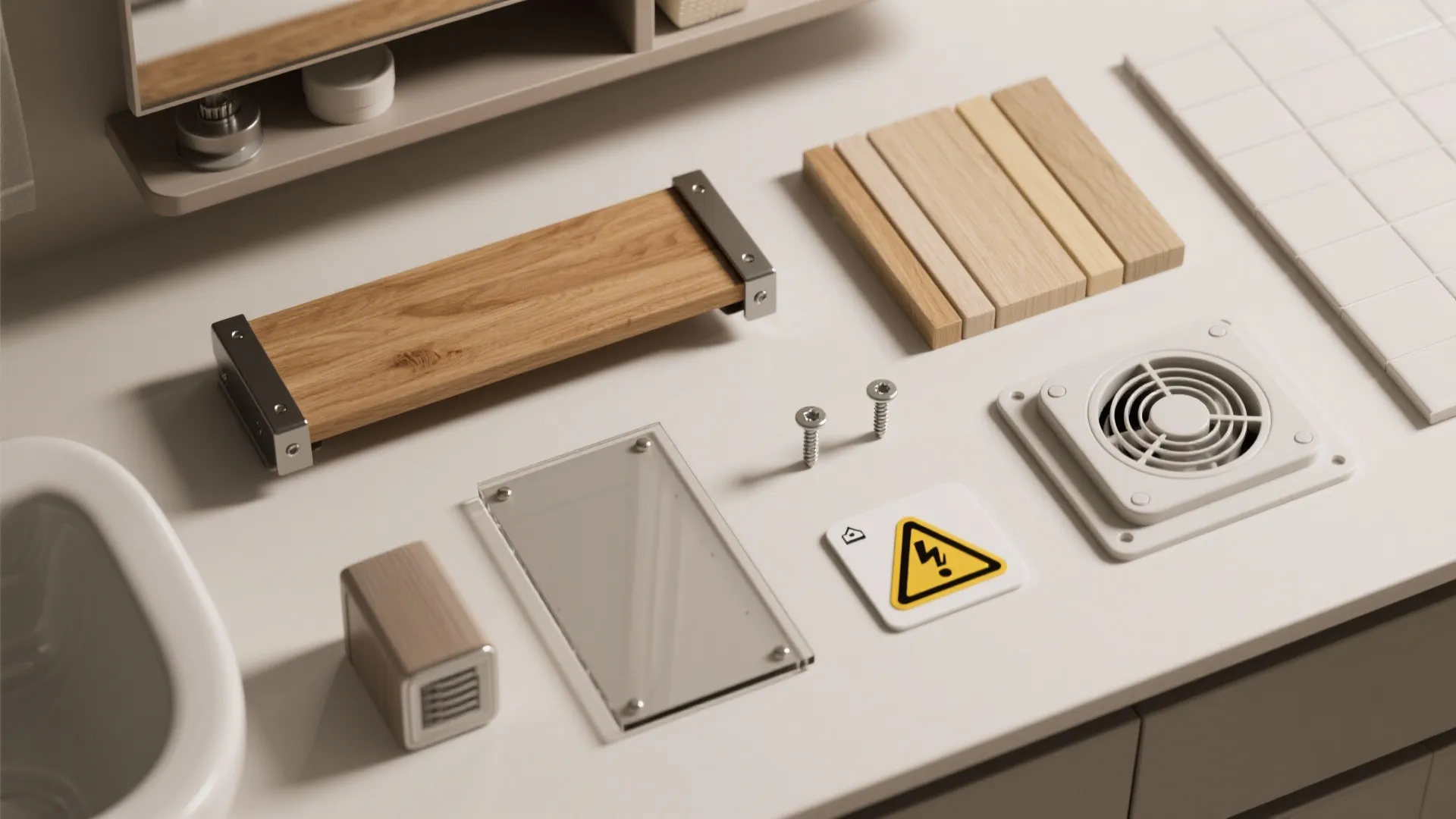 Flatlay of sealed wood, powder-coated metal, acrylic samples and wall anchors illustrating common bathroom shelving materials and safety tips.