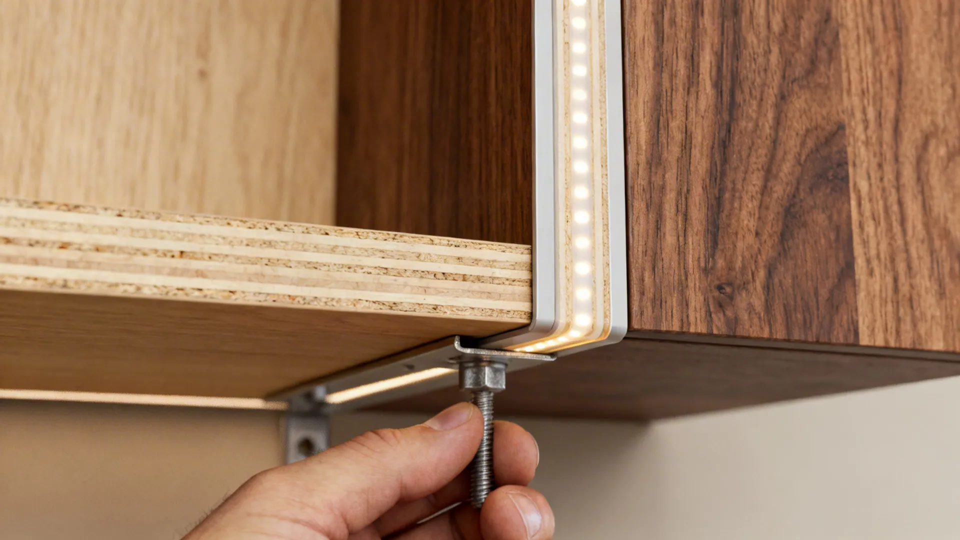 Hand tightening a metal bolt on wooden shelf corner with built in LED light strip