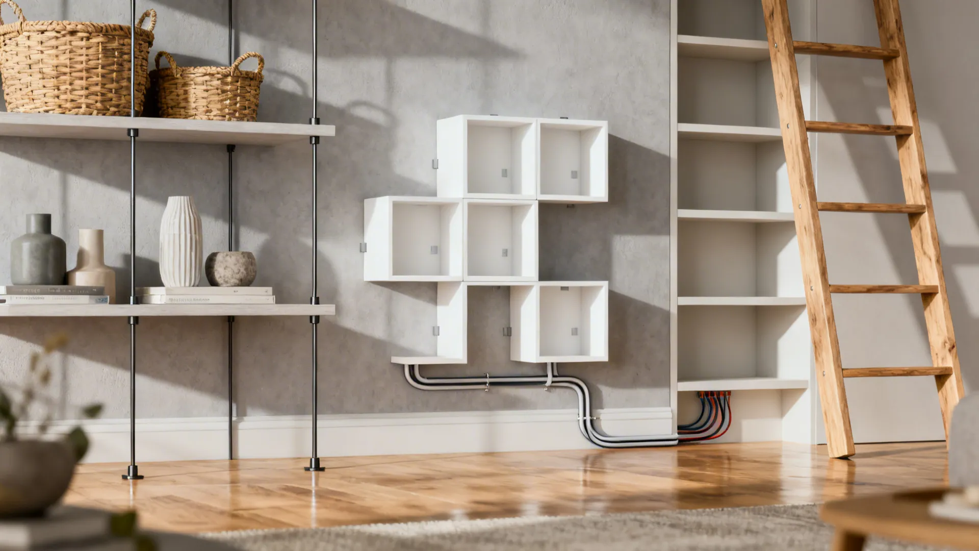 Collage of renter-friendly shelving solutions and cable management options for small spaces